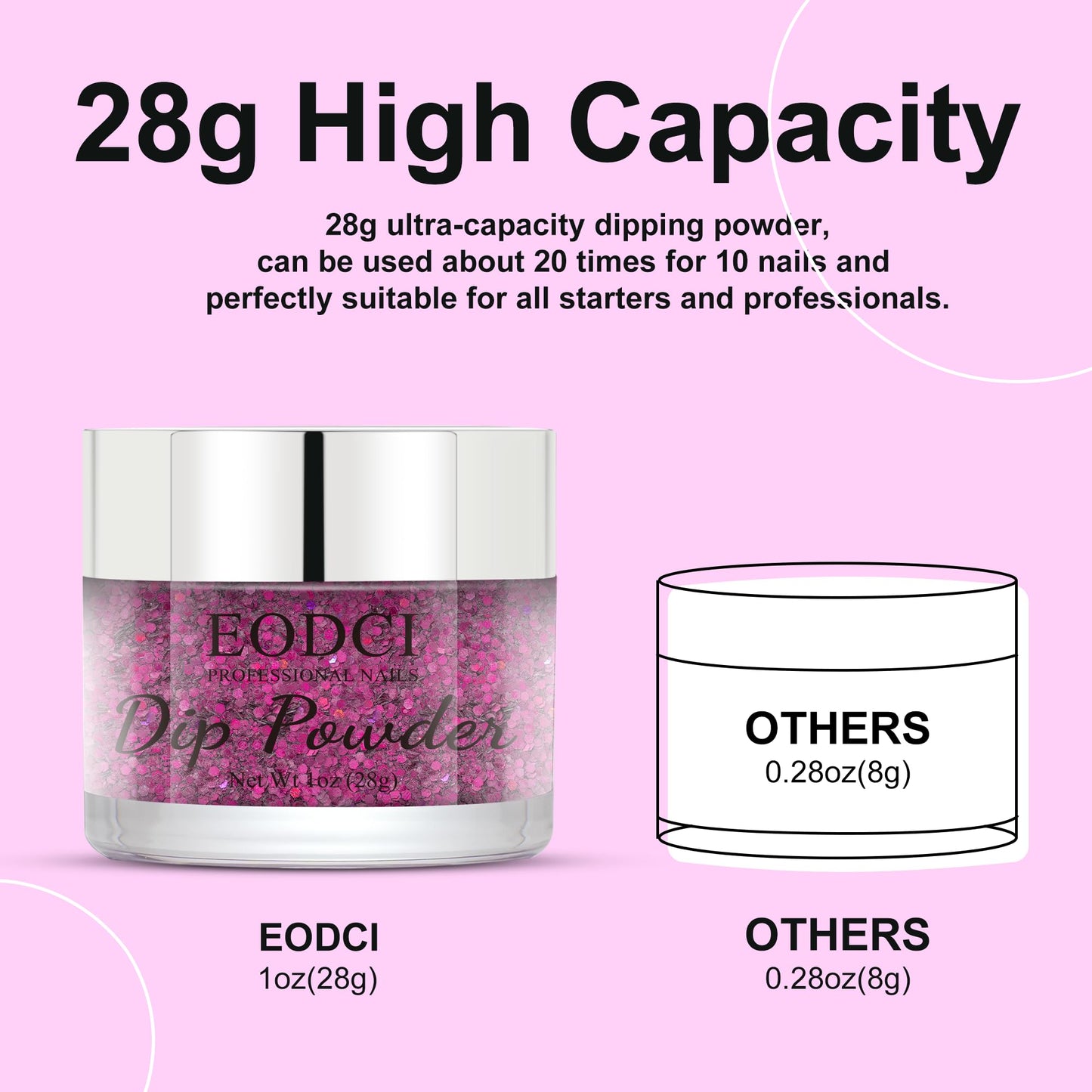EODCI 1 Oz/28g Dip Powder Glitter Pink Color, Dipping Powder French Pro Collection System Nail Art Starter Manicure Salon DIY at Home, No Needed Nail Lamp Curing