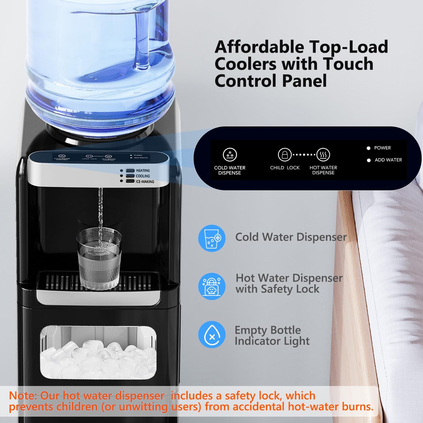 Electactic Water Dispenser with Ice Maker Function, Top Loading Hot and Cold Water Cooler for 5 Gallon Bottle - Includes Child Safety Lock - Water Machine for Home, Office, Garage - Black