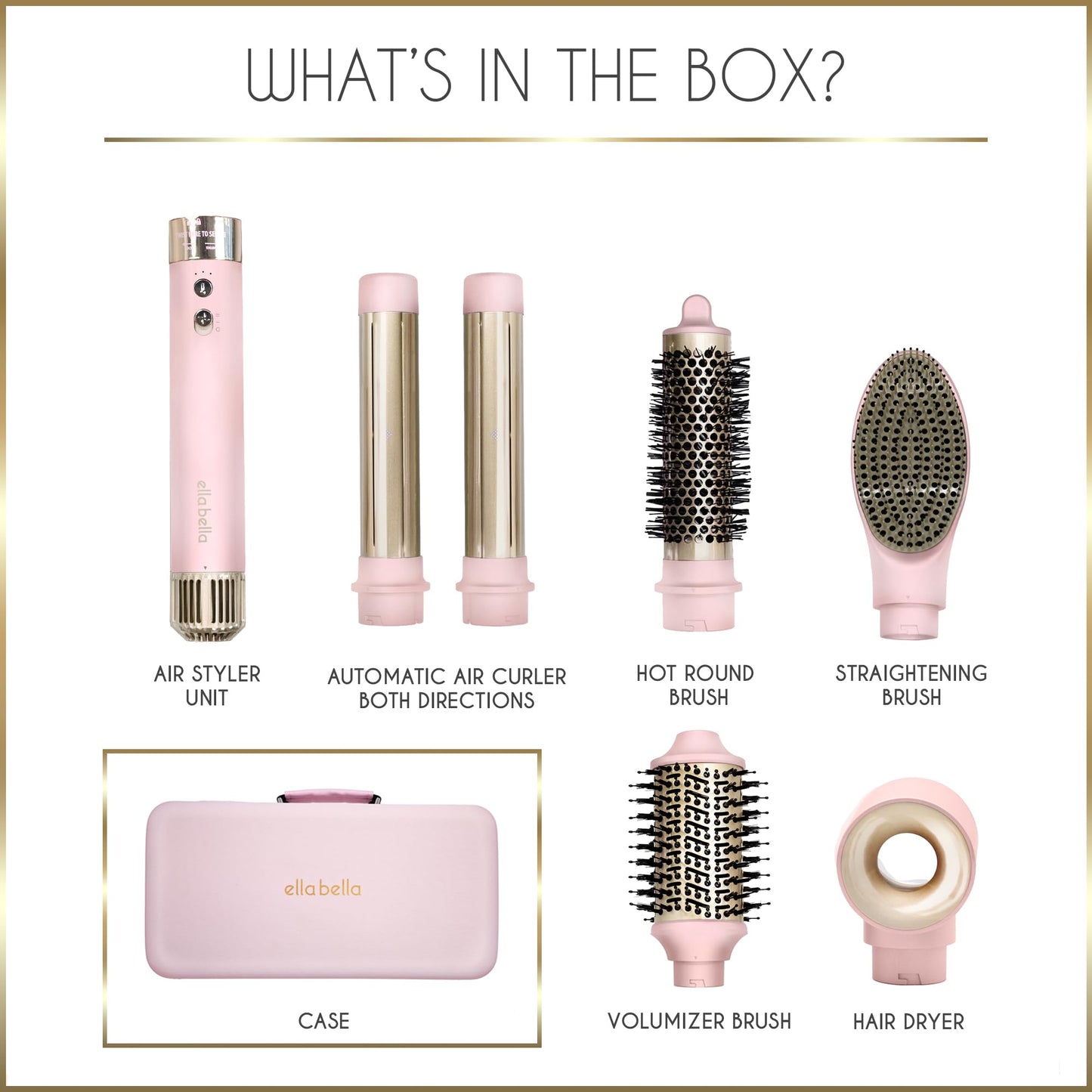 ELLA BELLA® 6 in 1 Professional Hot Air Styler • Powerful Hair Dryer & Straightener Set • Styling Without Heat Damage • Fast Drying Curling Volumizing Straightening • Protective Travel Case (Pink)