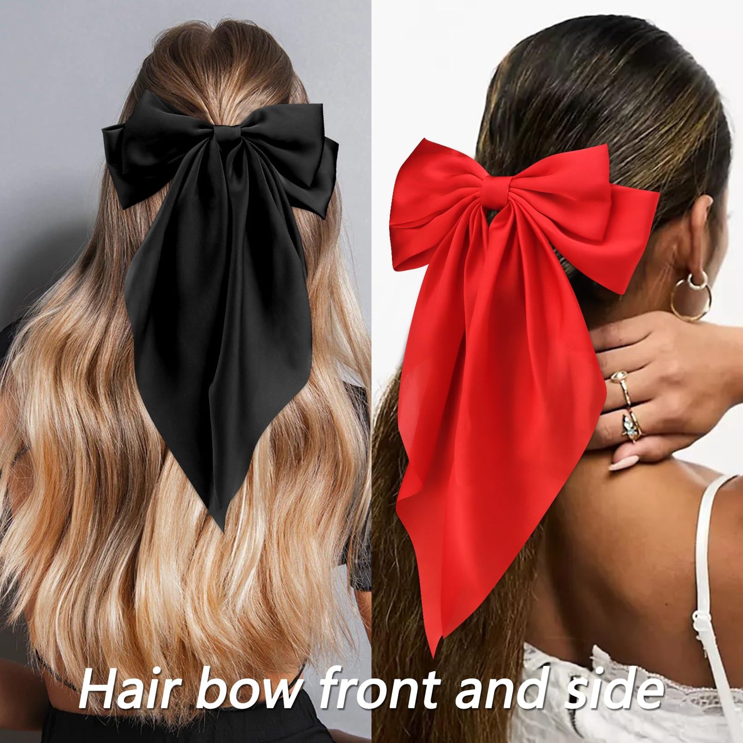 Velscrun Red Black White Hair Bows for Women Girls, Silky Satin Large Coquette Bow Oversized Hair Ribbons Big Bows Clip, Long Tail Bowknot Hair Barrettes Halloween Christmas Hair Bow Accessories