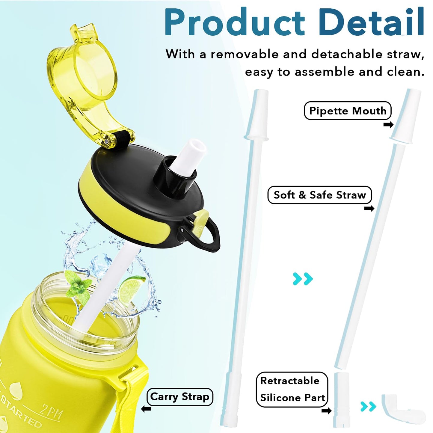 Enerbone 32 oz Water Bottle, Leakproof BPA & Toxic Free, Motivational Water Bottle with Times to Drink and Straw, Fitness Sports Water Bottle with Strap for Office, Gym, Outdoor Sports