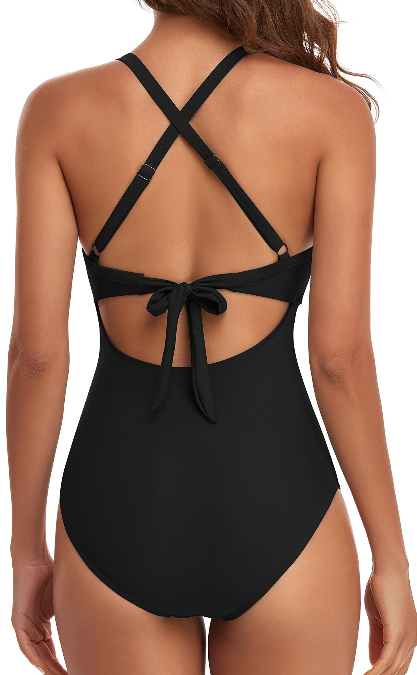 Eomenie Women's One Piece Swimsuits Tummy Control Cutout High Waisted Bathing Suit Wrap Tie Back 1 Piece Swimsuit Black