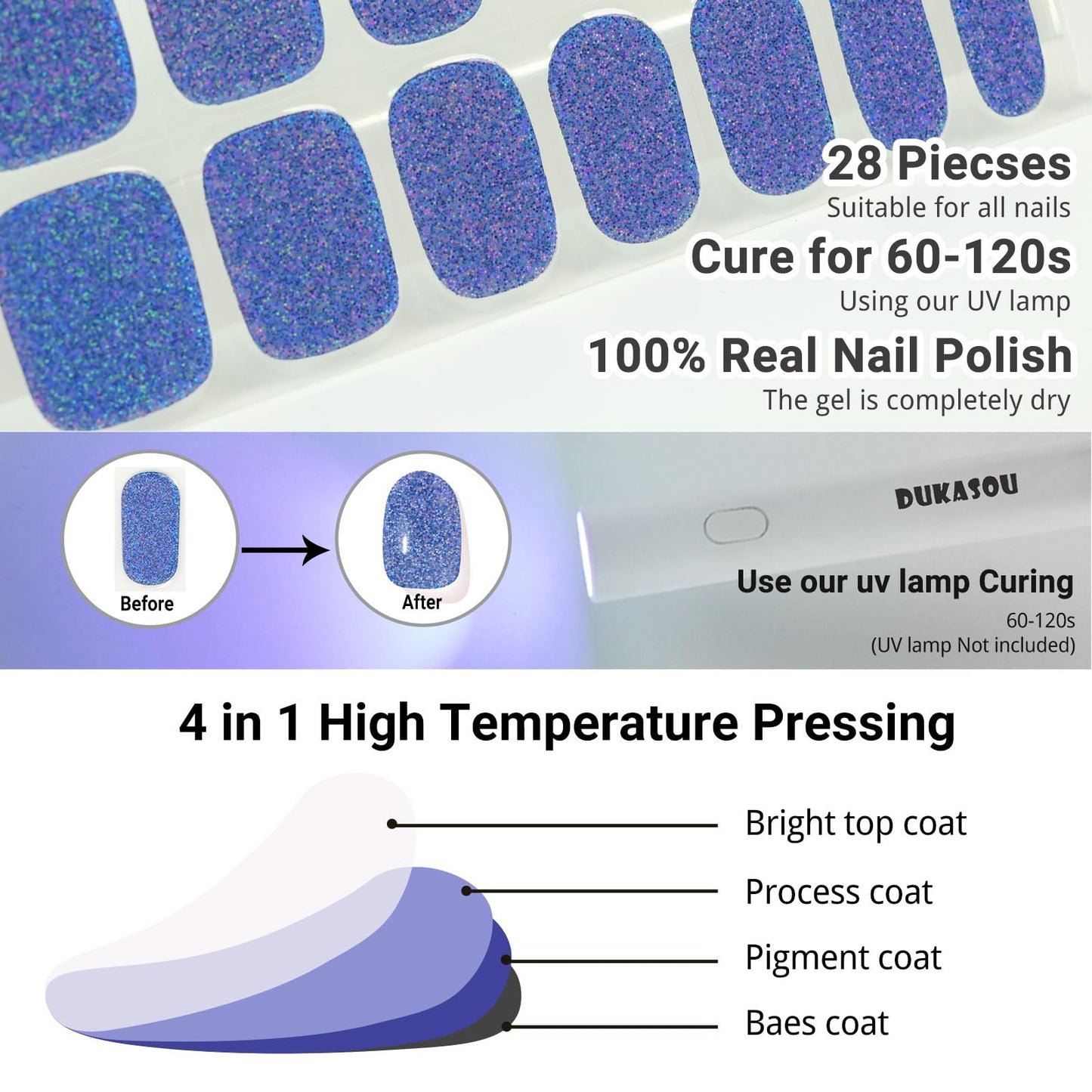 DUKASOU Semi Cured Gel Nail Strips, Dark Blue Sparkle | 28pcs Work With Any UV Lamp, Stickers for Women Girls, Includes Prep Pads, File & Wood Stick
