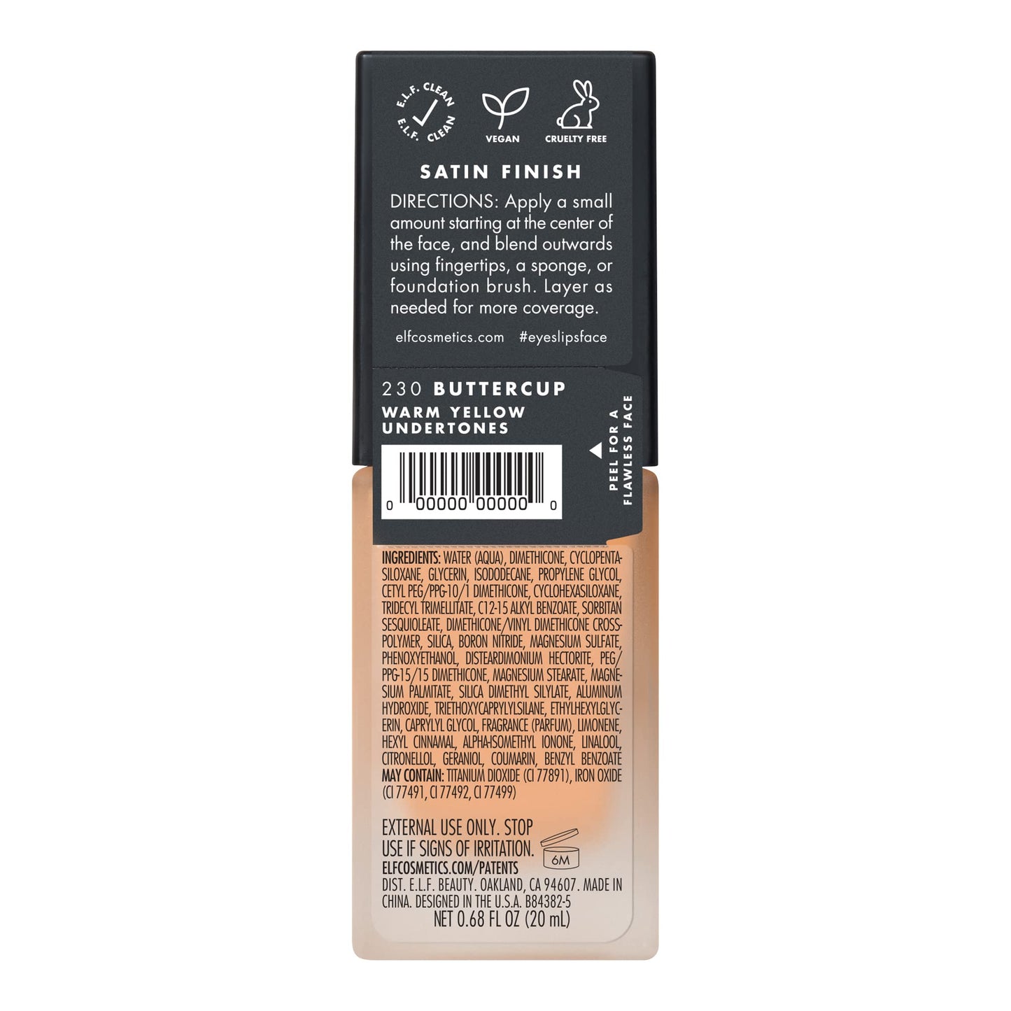 e.l.f. Flawless Satin Foundation, Lightweight & Medium Coverage, Semi-Matte Finish, Vegan & Cruelty-Free, Buttercup, 0.68 Fl Oz (20mL)