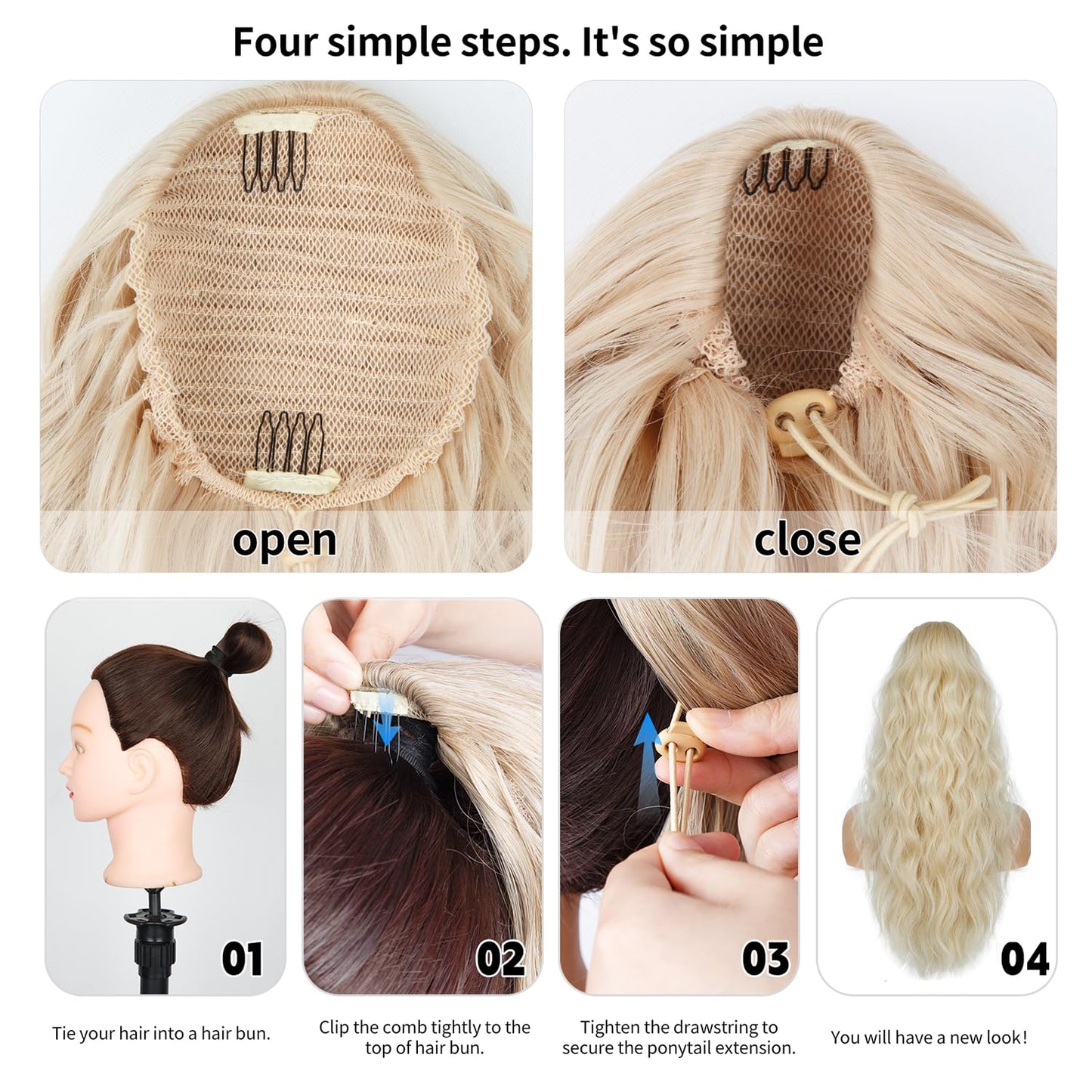 Drawstring Ponytail for Women, 26 inch Blonde Ponytail Extension, Synthetic Pony Tails Hair Extensions, Natural Clip in Ponytail Hair Extensions for Daily Use (Platinum Blonde with Golden Blonde)