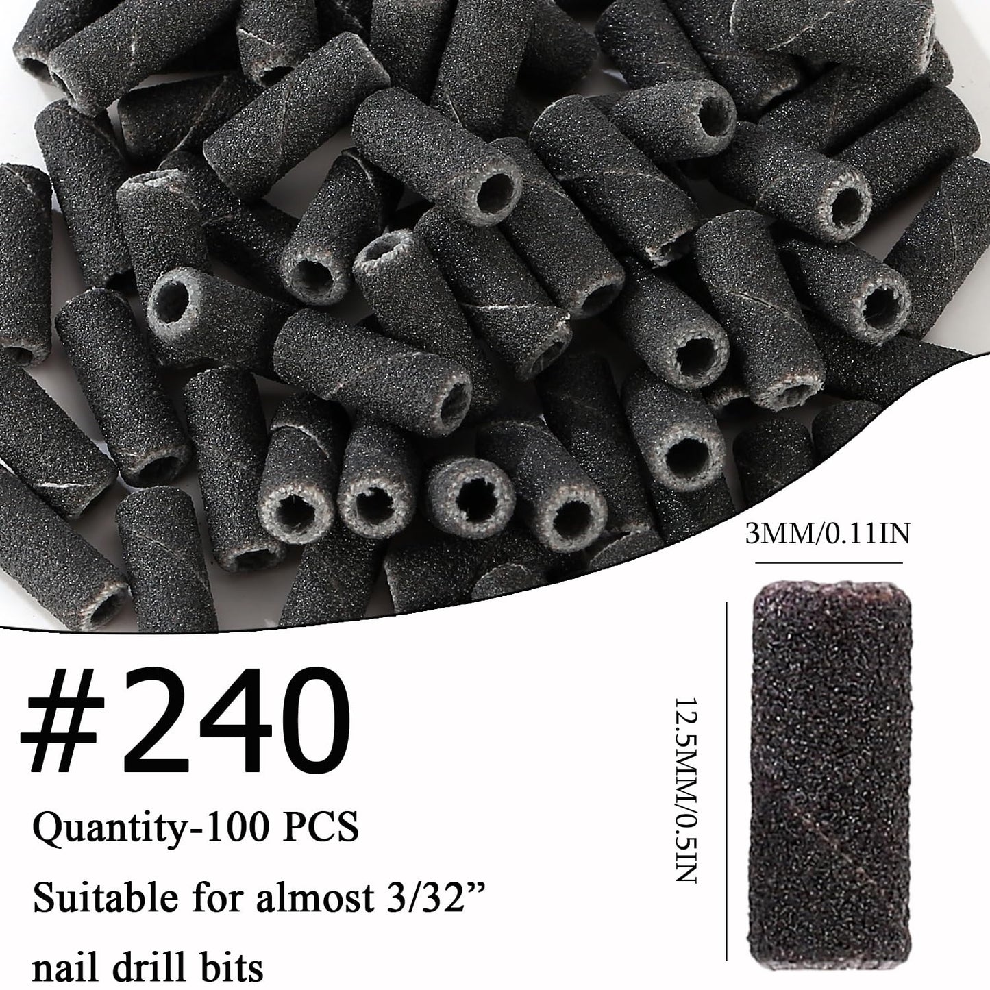 ERUIKA 100pcs Nail Drill Bits Small Sanding Bands with 3.1mm Mandrel Bit, 240 Extra Fine Grit Nail File Sanding Bands for Acrylic Nails Gel Removing Shaping Manicures and Pedicure (Black, 240 Grit)