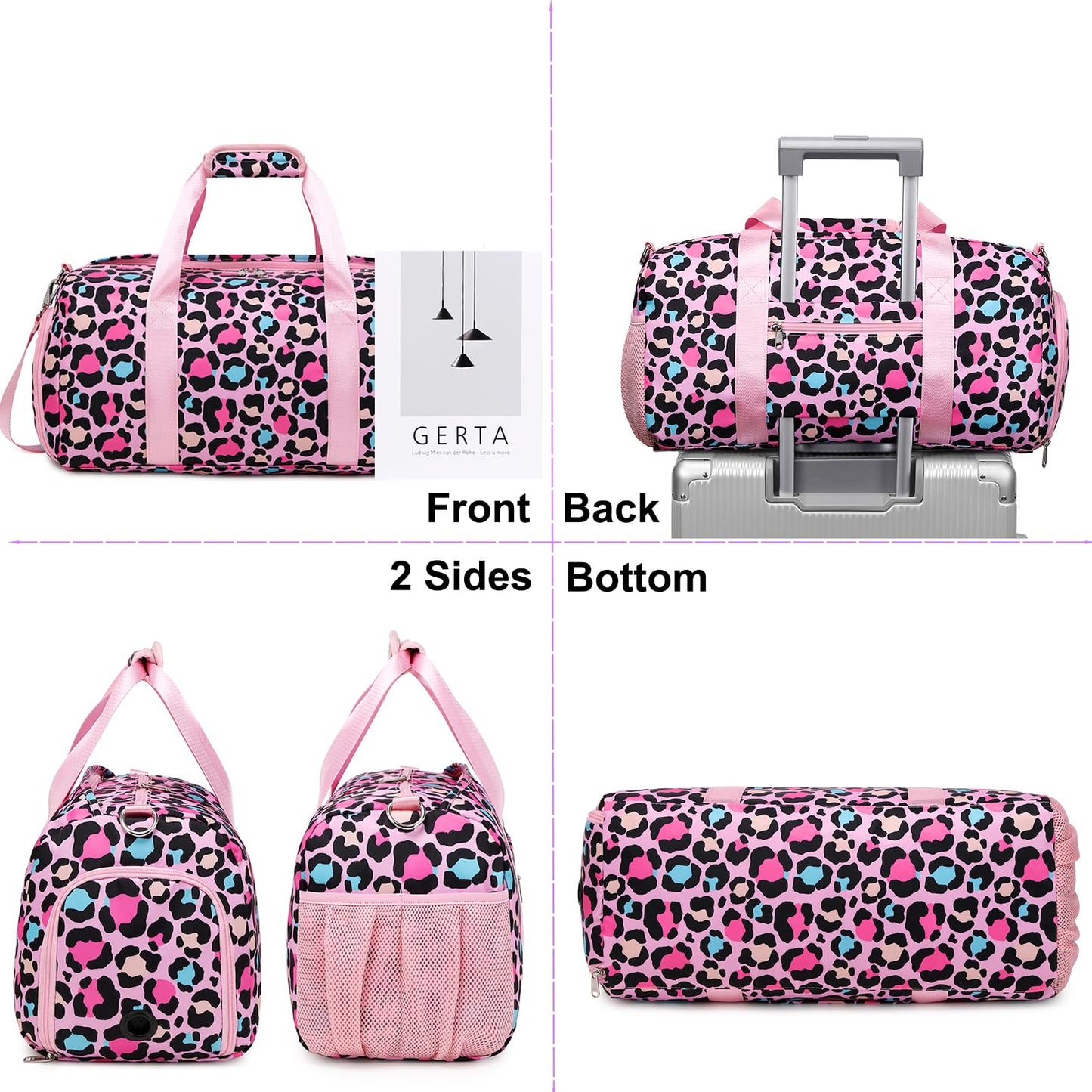 Duffle Bag for Teens Girls Teen Dance Bag Leopard Print Pink Gym Bag with Shoes Compartment & Wet Separation Waterproof Sports Overnight Travel Bag