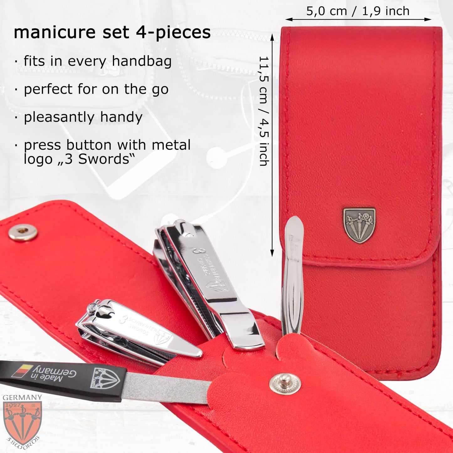 3 Swords Germany - Brand Quality 4 Piece Manicure Pedicure Grooming kit Set for Professional Finger & Toe Nail Care Tweezers File Clipper Fashion Leather case in Gift Box, Made by 3 Swords (02570)