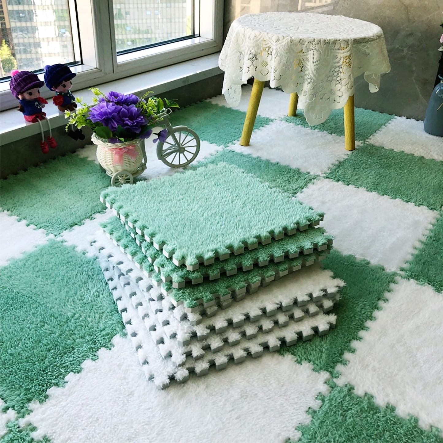 easycustomerlee 12pcs Interlocking Carpet Shaggy Soft EVA Foam Mats Fluffy Rugs Protective Floor Tiles Play Mats for Children Kids Room Home Parlor Bedroom(Mintgreen)