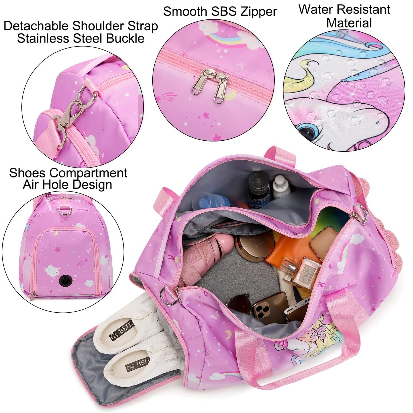 Duffle Bag for Girls Water Resistant Dance Bag Travel Overnight Bag for Gymnastic Bag for Sports Gym Dance Bag with Shoe Compartment
