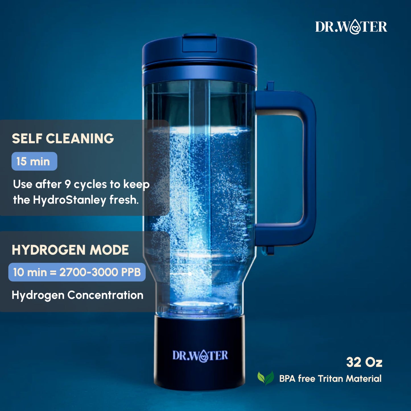 Dr.Water Hydrogen Water Bottle - 3X More Hydrogen Concentration - 32oz Hydrogen Water Bottle Generator - Portable Hydrogen Water Machine | Certified H2 Generator - HydroStanley Black