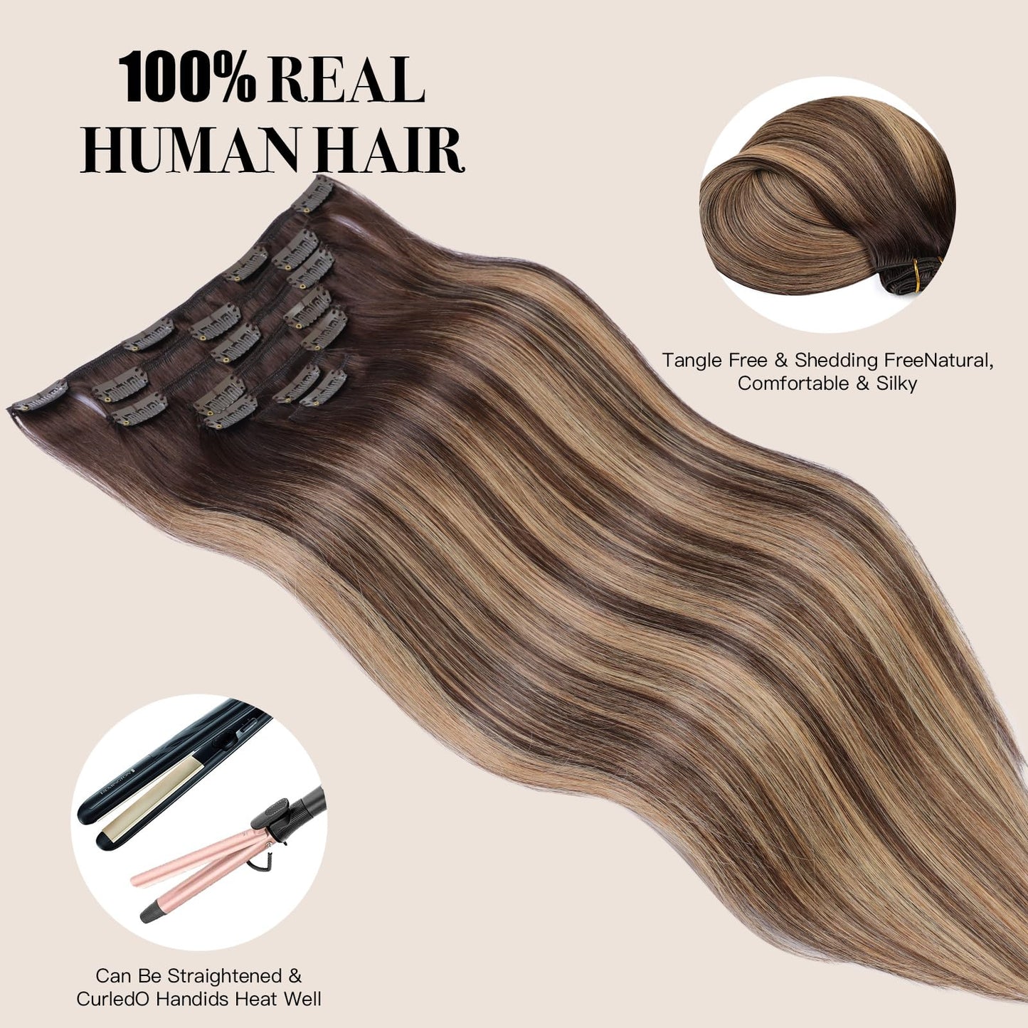 EnthayPow Clip in Hair Extensions Real Human Hair,Chocolate Brown to Caramel Blonde Hair Extensions for Women,Natural Hair Clip in Hair Extensions,Remy Human Hair Extensions,20 Inch 7pcs/120g