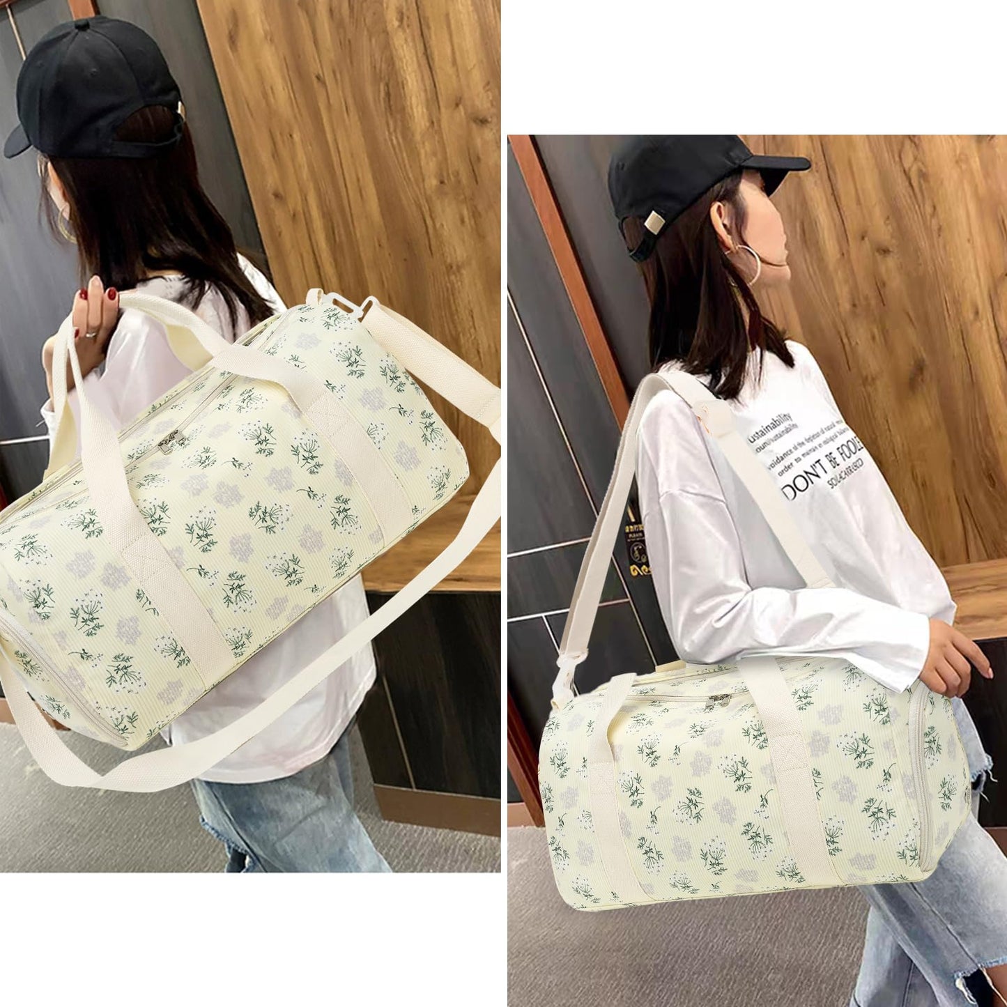 Duffle Bag for Gym Sports Women Girls Workout Travel Bag Weekender with Shoe Compartment and Wet Pocket (Beige Floral 102)