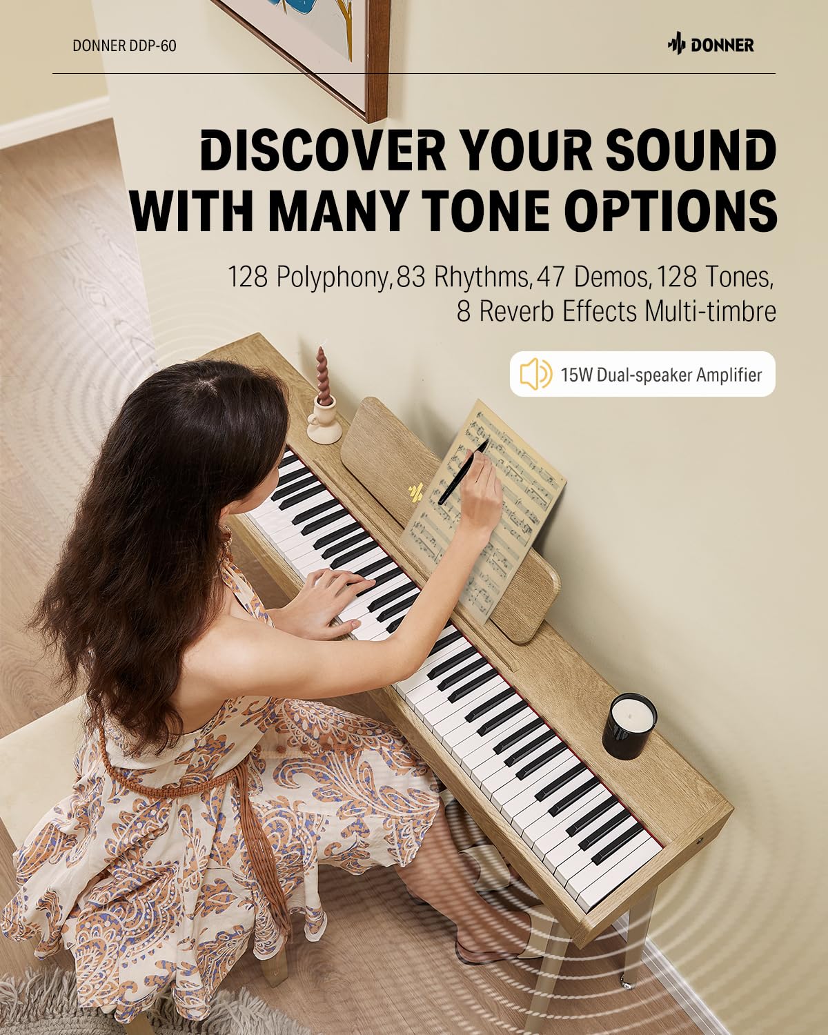 Donner OURA DDP-60 88 Key Digital Piano: Full Size Keyboard, Sensitive Touch, 8 Reverbs, Recording, 128 Voices. Includes Three Pedal, Electric Piano Keyboard for Beginners