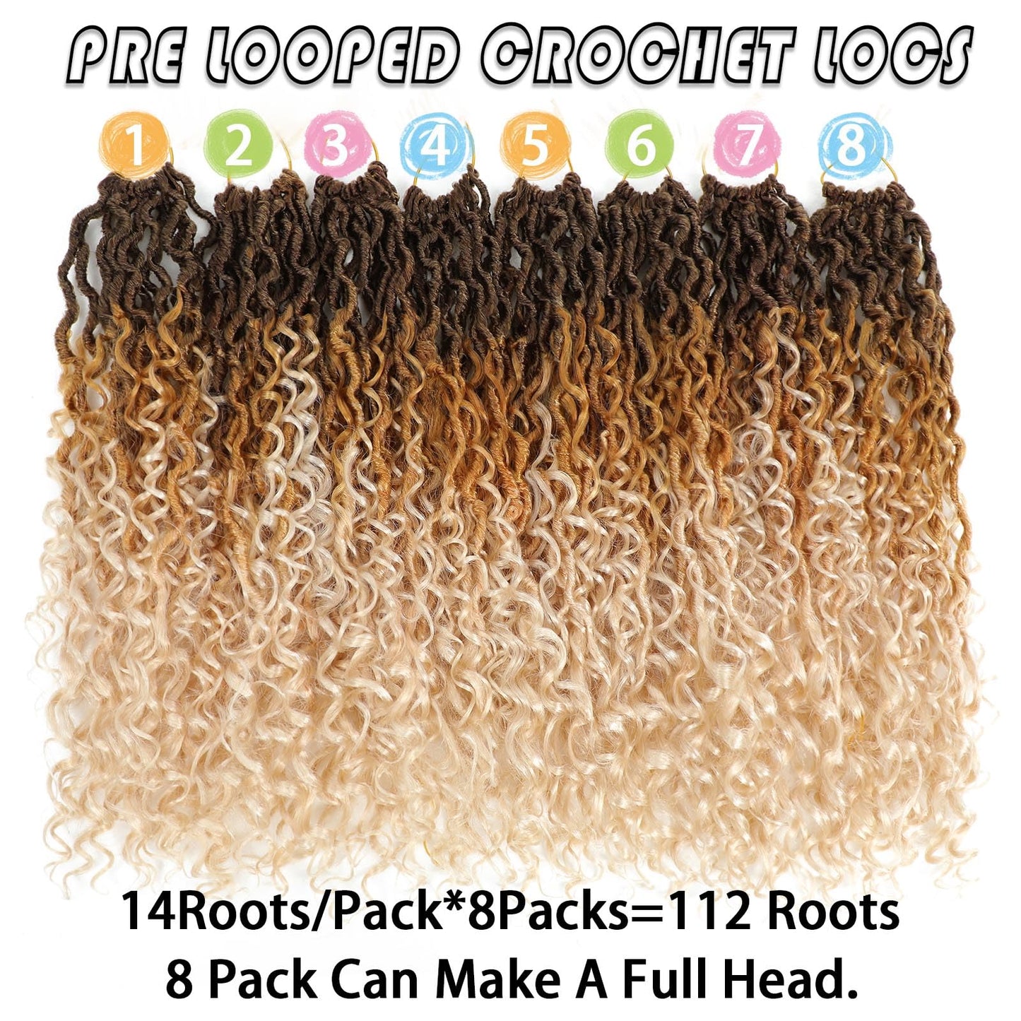 14 Inch 8 Packs Goddess Locs Crochet Hair Ombre Faux Locs Crochet Hair for Women Pre Looped Boho River Locs Crochet Hair with Curly Ends Synthetic (#4/27/613)