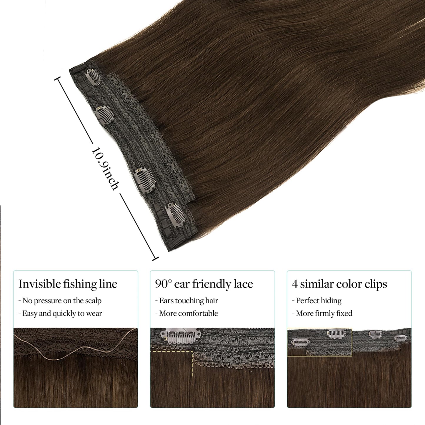 DOORES Hair Extensions Human Hair Chocolate Brown 16 Inch 95g Wire Hair Extensions Invisible Hairpiece Wire Extensions Natural Secret Fish Extensions