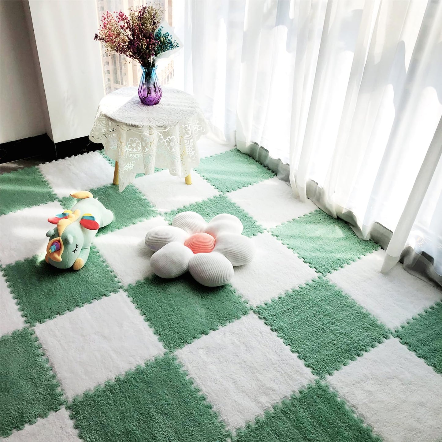 easycustomerlee 12pcs Interlocking Carpet Shaggy Soft EVA Foam Mats Fluffy Rugs Protective Floor Tiles Play Mats for Children Kids Room Home Parlor Bedroom(Mintgreen)