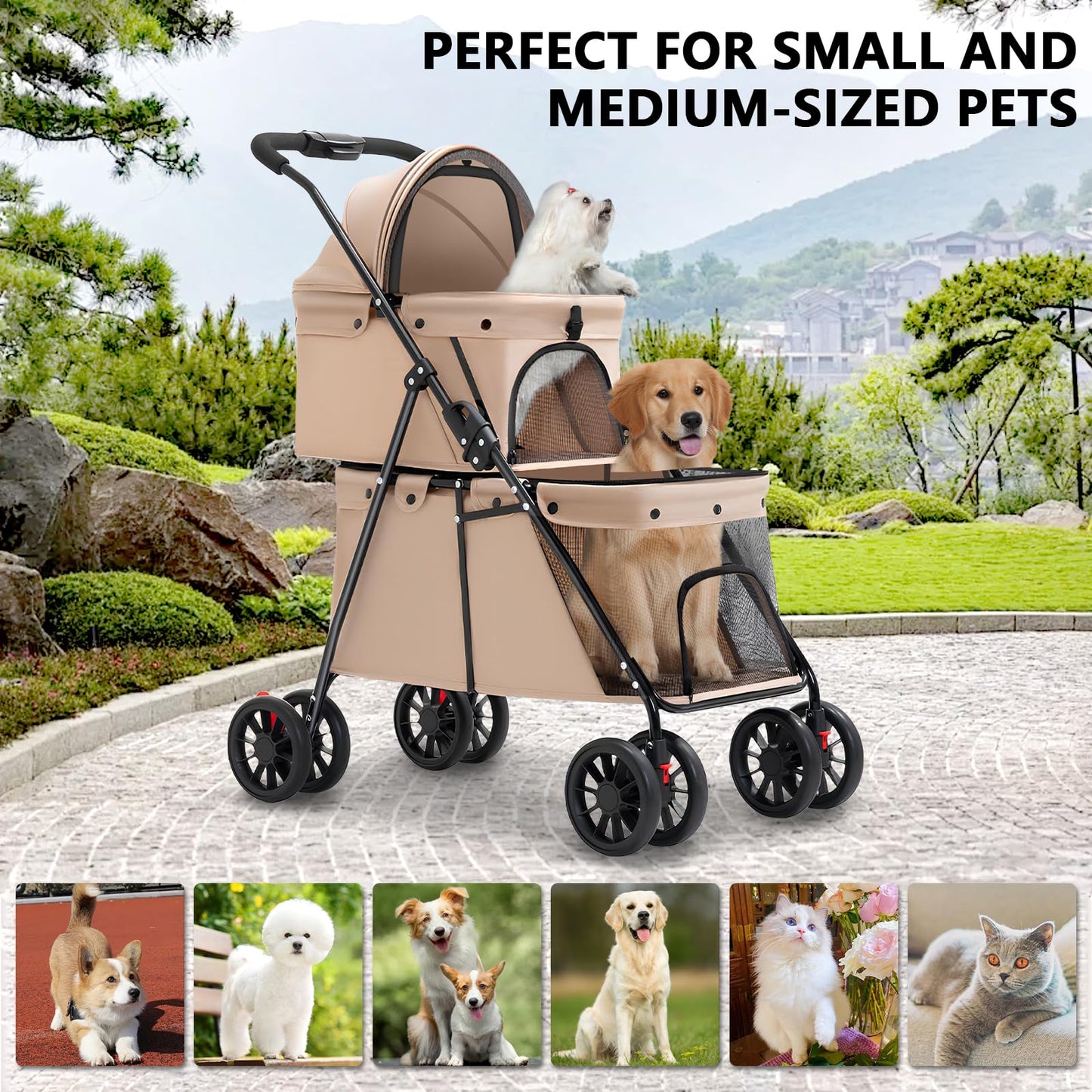Double Pet Stroller for Medium Small Dogs and Cats with 2 Carriage, Durable Universal Wheels with Brakes Lightweight One Hand Foldale Kittens Puppies Travel Strolling Cart (Brown)