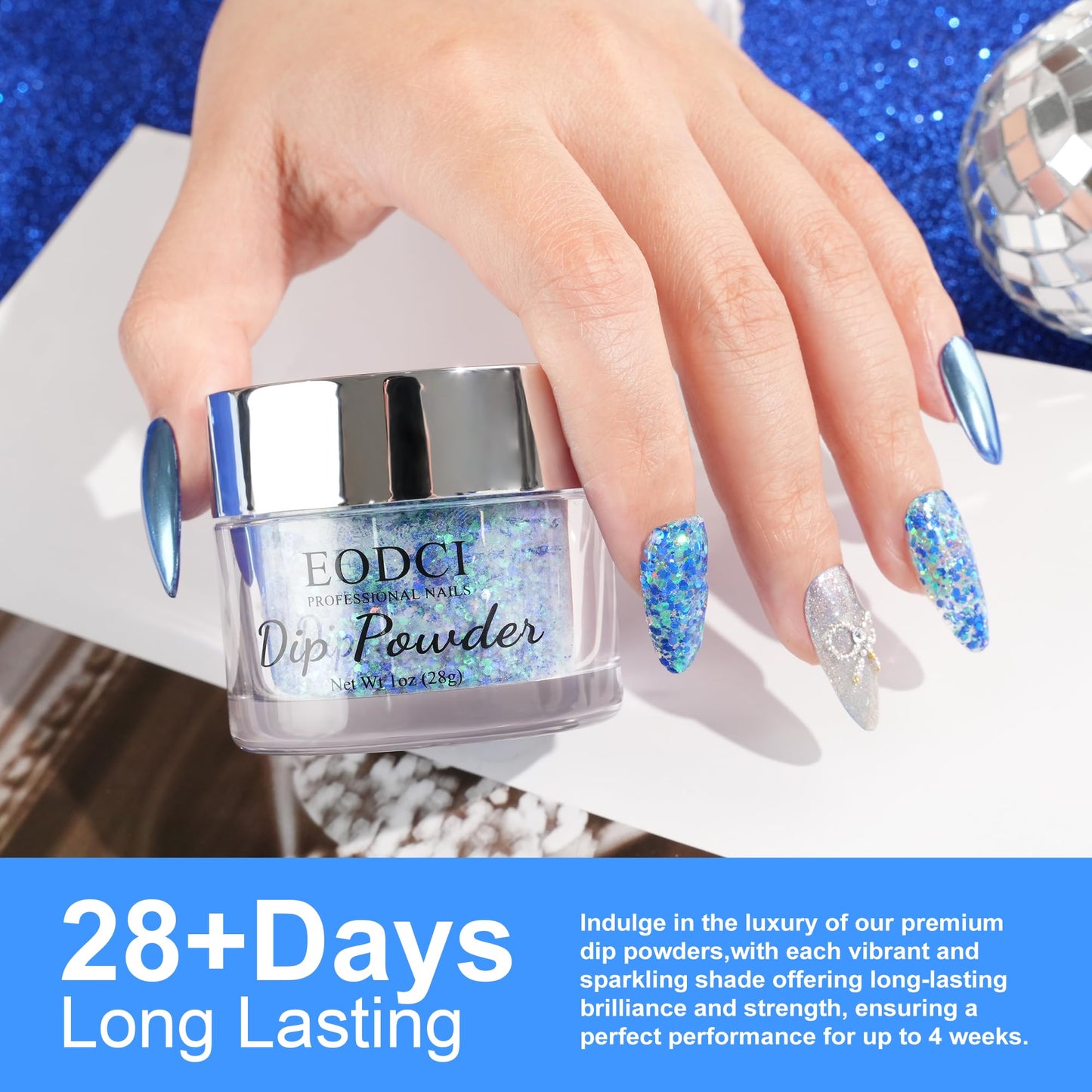 EODCI Dipping Powder Glitter Blue Color Nail Dip Powder 1 Oz For Nail Starter Professional Nail Art Salon DIY French Manicure Nail Powder No Needed Nail Lamp Cured