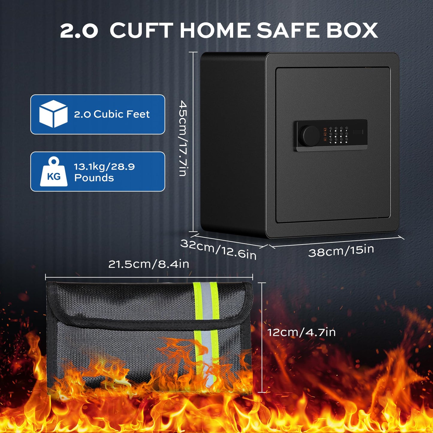 2.0 Cubic Feet Home Safe with Fireproof Money Bag, Steel Security Safe Box for Cash Document Valuables, Digital Lock Box with Electronic Keypad, Anti-theft Alarm System, Removable Shelves
