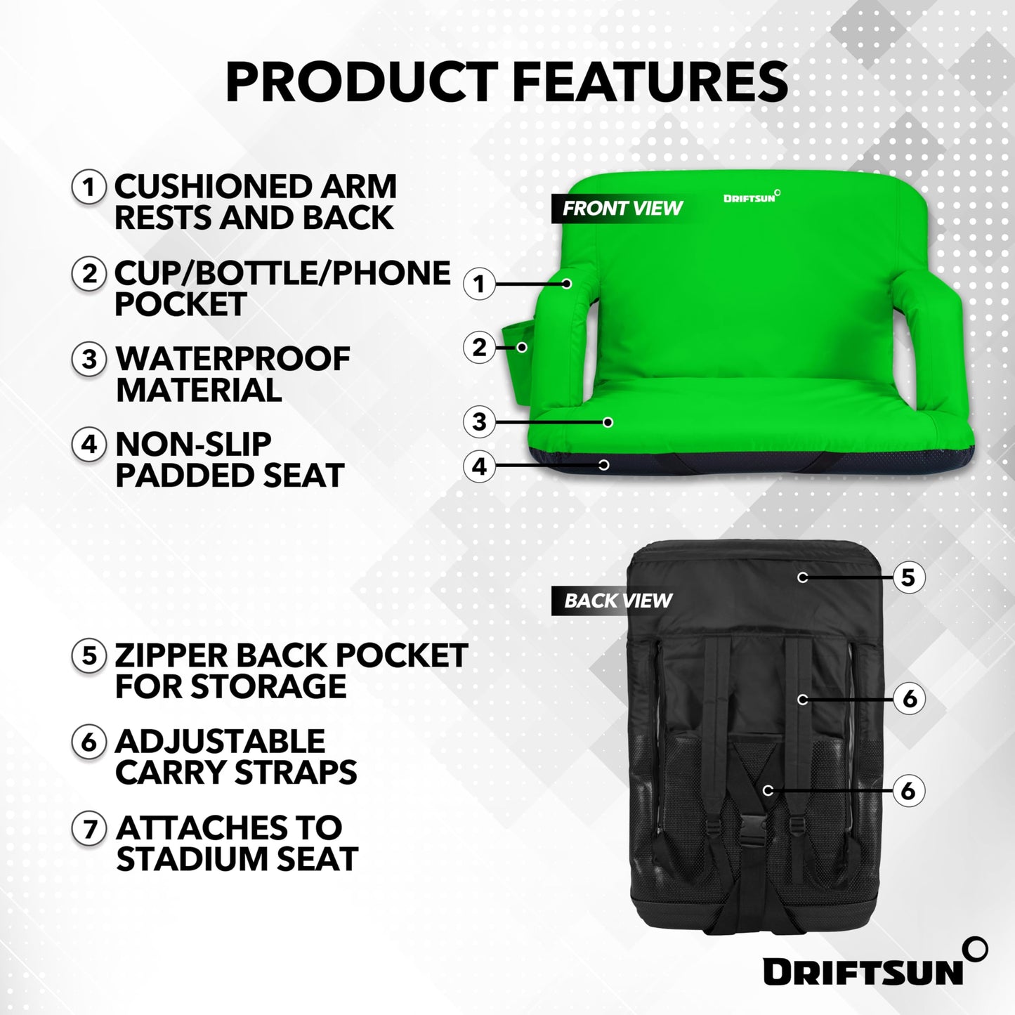 Driftsun Extra Wide Stadium Seats with Back Support - Deluxe Foldable Stadium Chairs for Bleachers - Folding Waterproof Sport Chair - Easy to Transport
