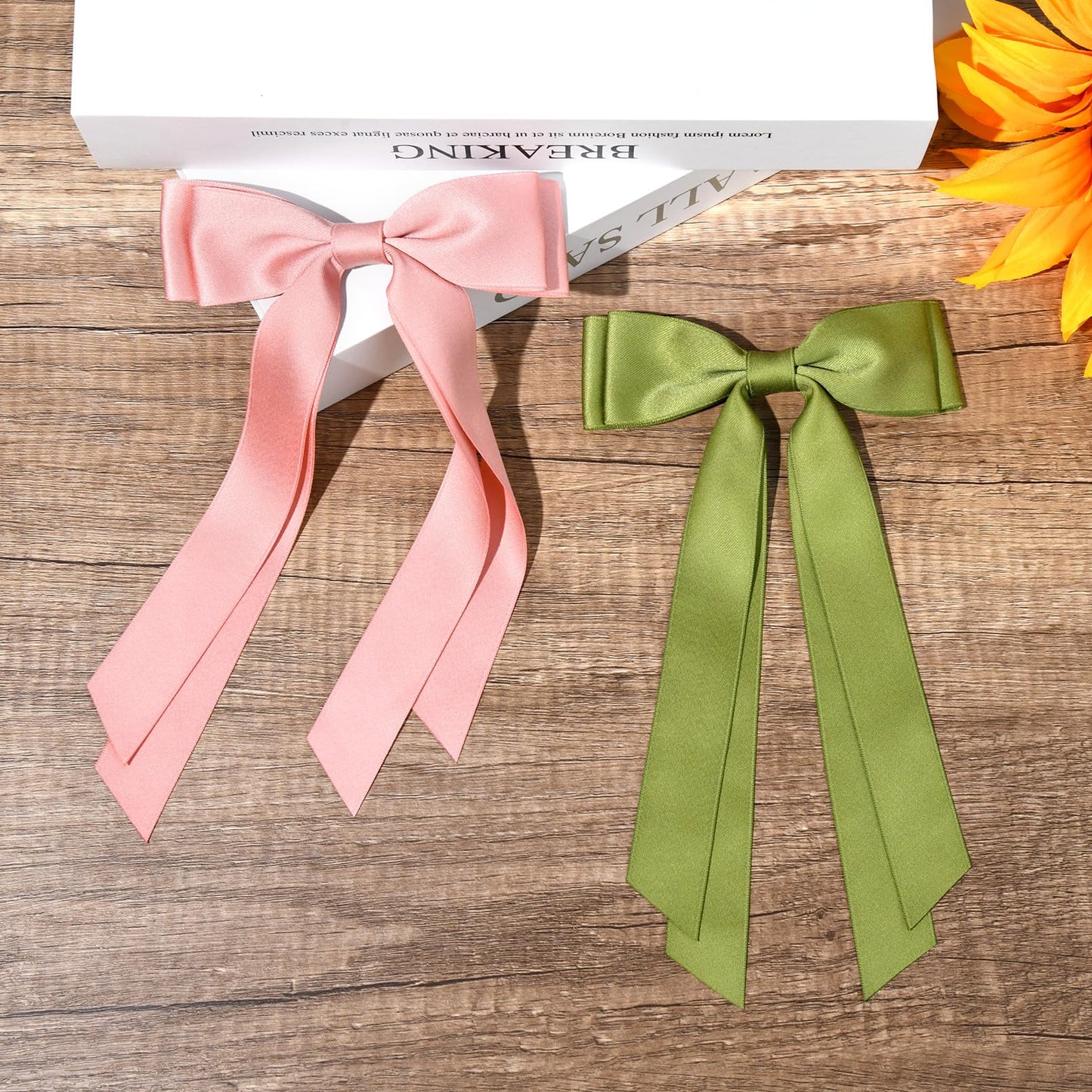 2PCS Silky Satin Hair Bows Hair Clip Pink Green Hair Ribbon Ponytail Holder Accessories Slides Metal Clips Hair Bow for Women Girls Toddlers Teens Kids