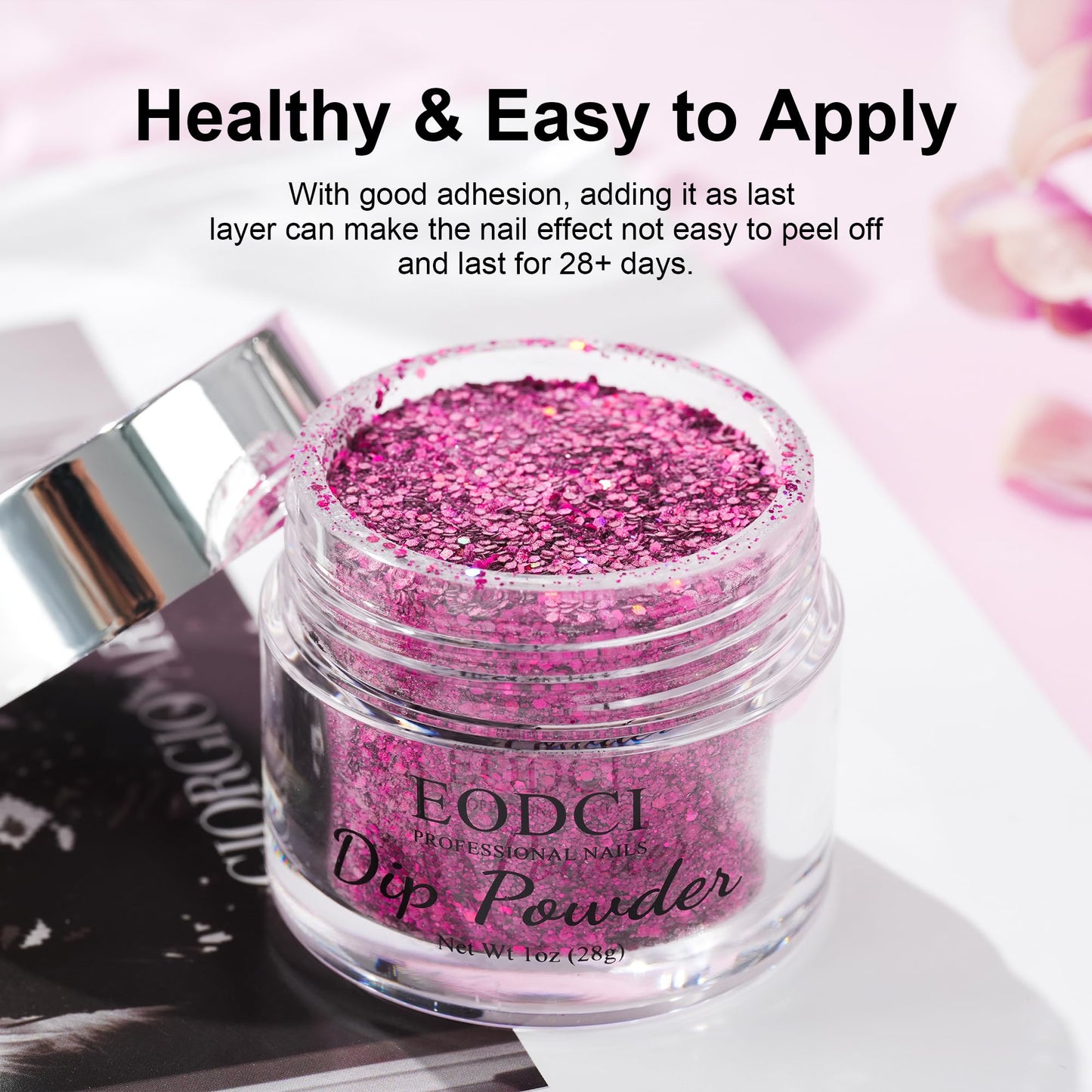 EODCI 1OZ Glitter Hot Pink Dip Powder Color, Nail Dipping Powder French Powder Pro Collection System Nail Art Starter Manicure Salon DIY at Home, Odor-Free&Long-Lasting, No Needed Nail Lamp Curing