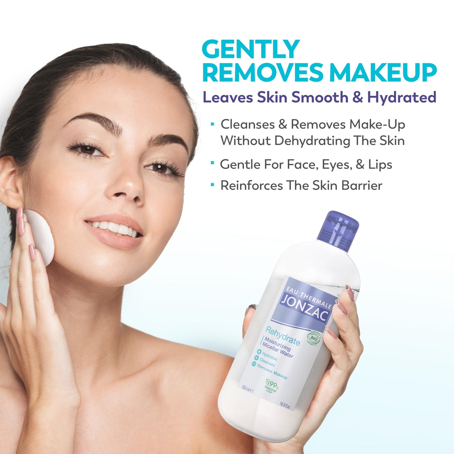 Eau Thermale Jonzac Organic Rehydrate Moisturizing Micellar Water - Gentle Makeup Remover -Leaves Skin Hydrated - Sensitive Skin Approved- Dermo Tested - 16.9 Fl Oz