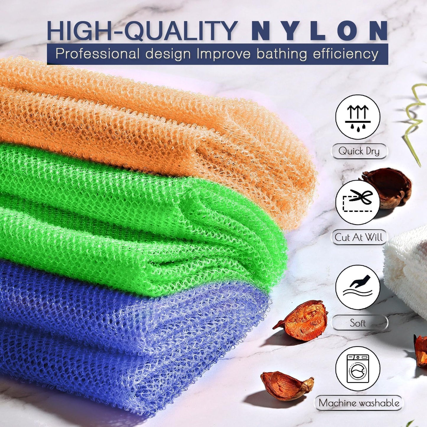3 Pieces African Bath Sponge African Net Long Net Bath Sponge Exfoliating Shower Body Scrubber Back Scrubber Skin Smoother,Great for Daily Use (Orange、Blue、Green)