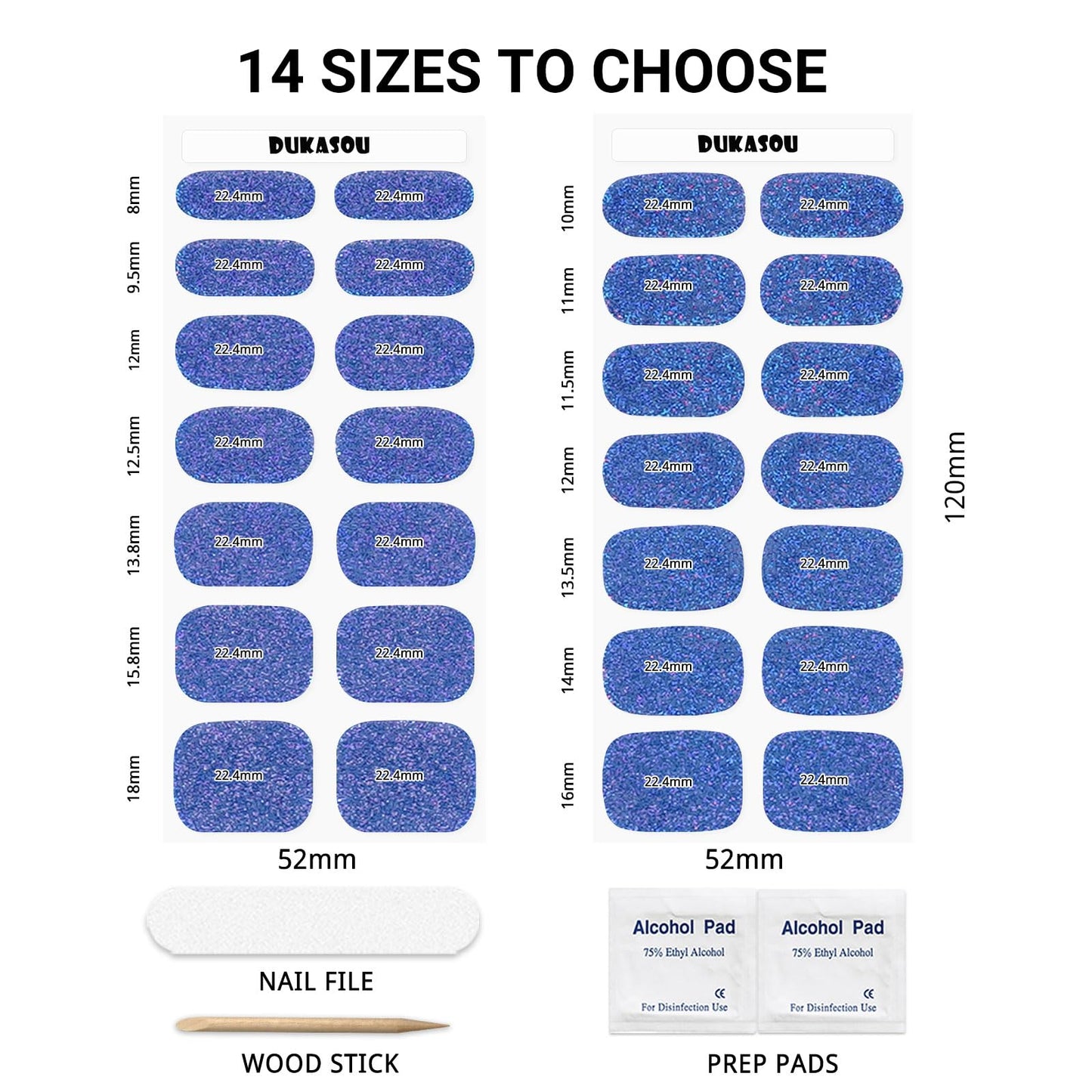 DUKASOU Semi Cured Gel Nail Strips, Dark Blue Sparkle | 28pcs Work With Any UV Lamp, Stickers for Women Girls, Includes Prep Pads, File & Wood Stick