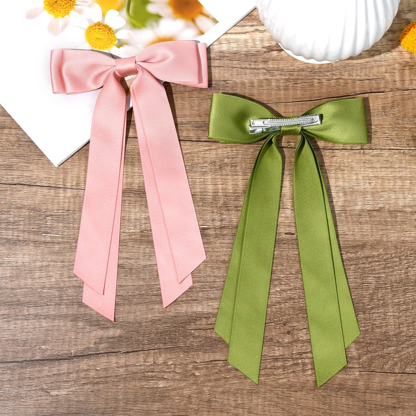 2PCS Silky Satin Hair Bows Hair Clip Pink Green Hair Ribbon Ponytail Holder Accessories Slides Metal Clips Hair Bow for Women Girls Toddlers Teens Kids