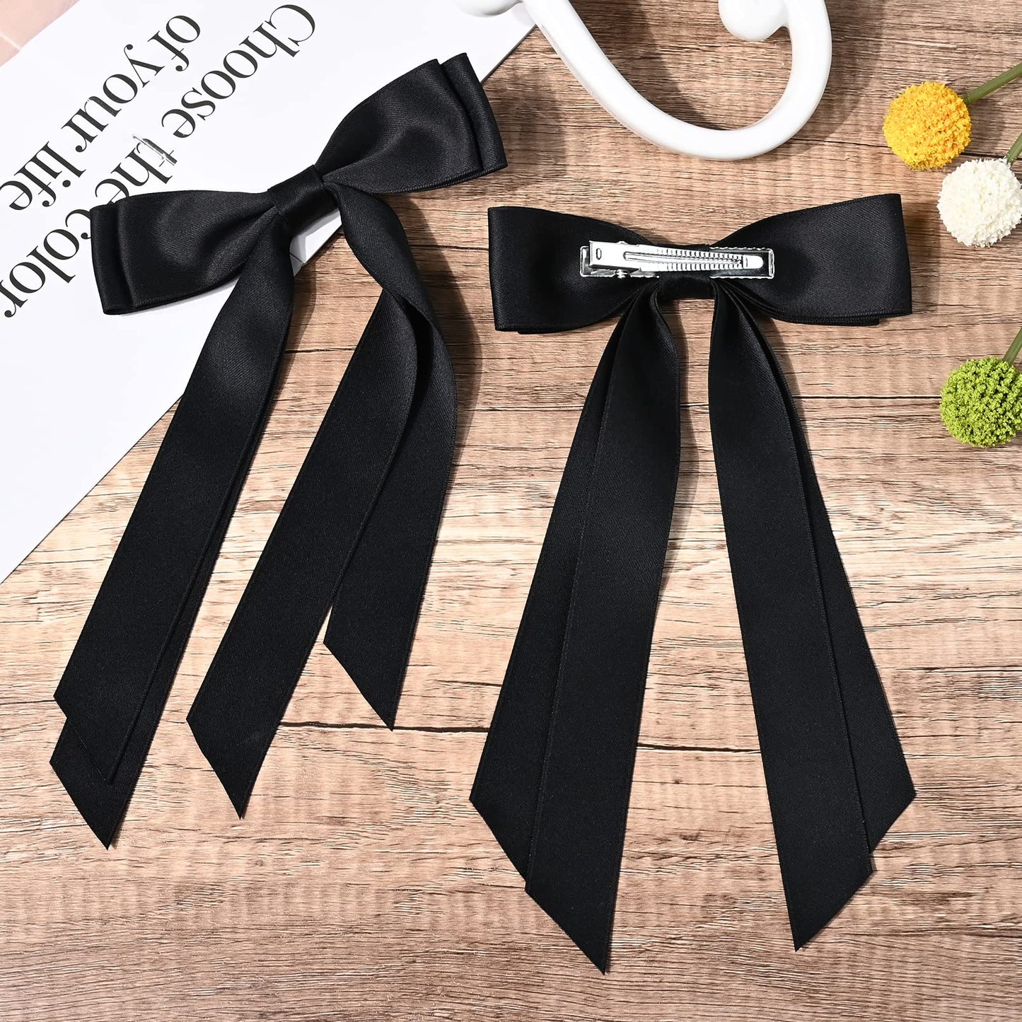 2PCS Silky Satin Hair Bows Hair Clip Black Hair Ribbon Ponytail Holder Accessories Slides Metal Clips Hair Bow for Women Girls Toddlers Teens Kids