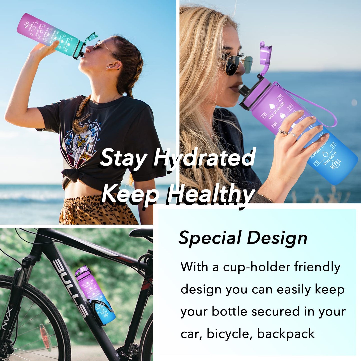 Enerbone 32 oz Water Bottle, Leakproof BPA & Toxic Free, Motivational Water Bottle with Times to Drink and Straw, Fitness Sports Water Bottle with Strap for Office, Gym, Outdoor Sports