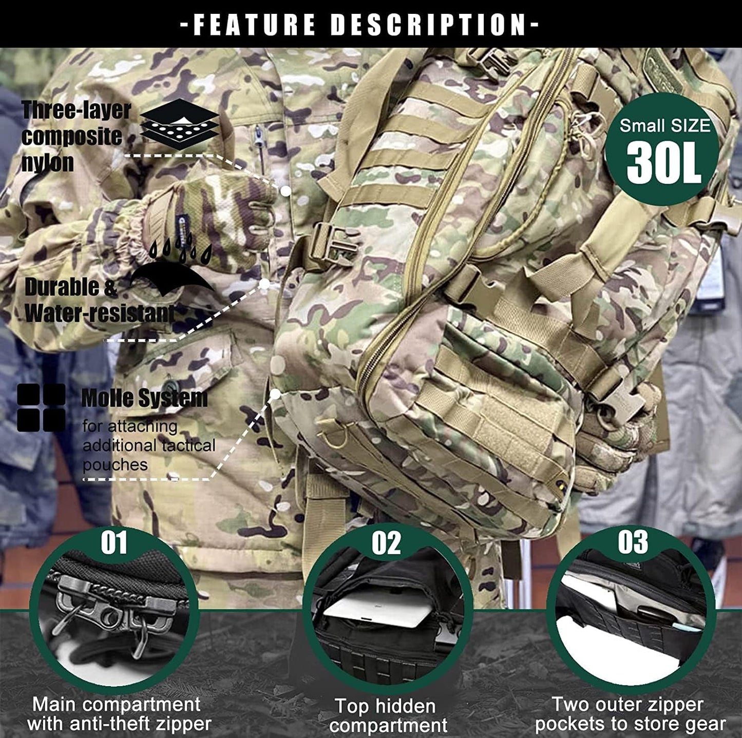 3 In 1 Tactical 30L Military Backpack Travel Duffle Bag for Weekender Gym Workout Deployment