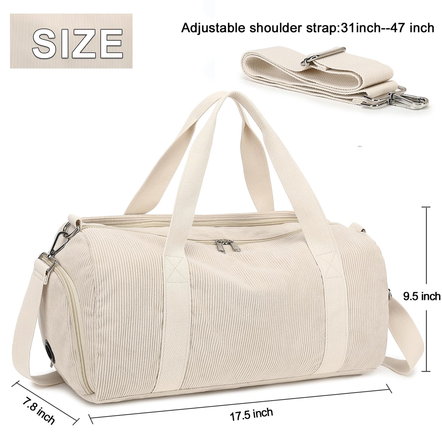 Duffle Bag for Gym Sports Women Girls Workout Travel Bag Weekender with Shoe Compartment and Wet Pocket (Corduroy-beige)