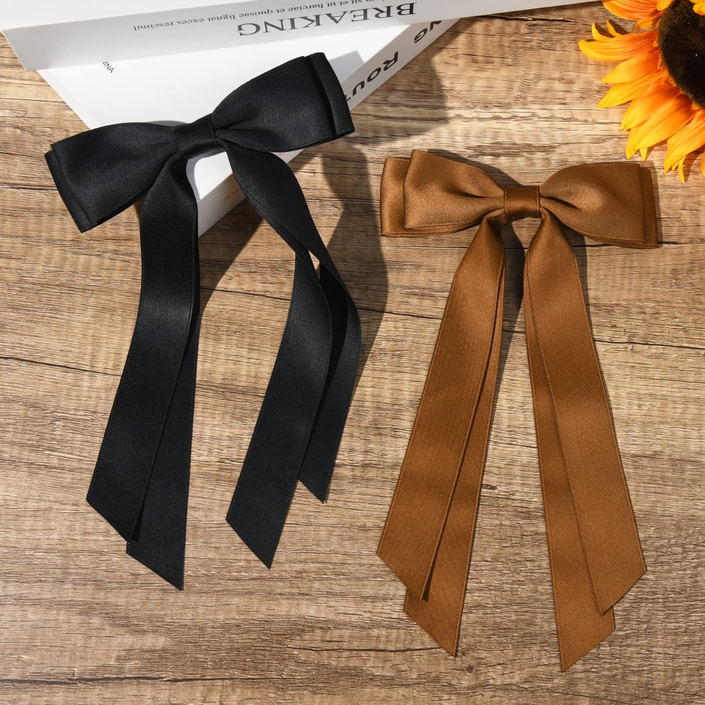 2PCS Silky Satin Hair Bows Hair Clip Black Brown Hair Ribbon Ponytail Holder Accessories Slides Metal Clips Hair Bow for Women Girls Toddlers Teens Kids