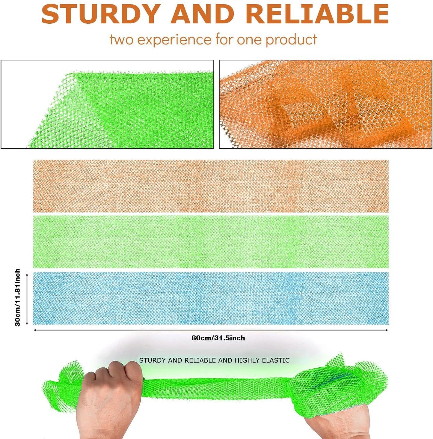 3 Pieces African Bath Sponge African Net Long Net Bath Sponge Exfoliating Shower Body Scrubber Back Scrubber Skin Smoother,Great for Daily Use (Orange、Blue、Green)