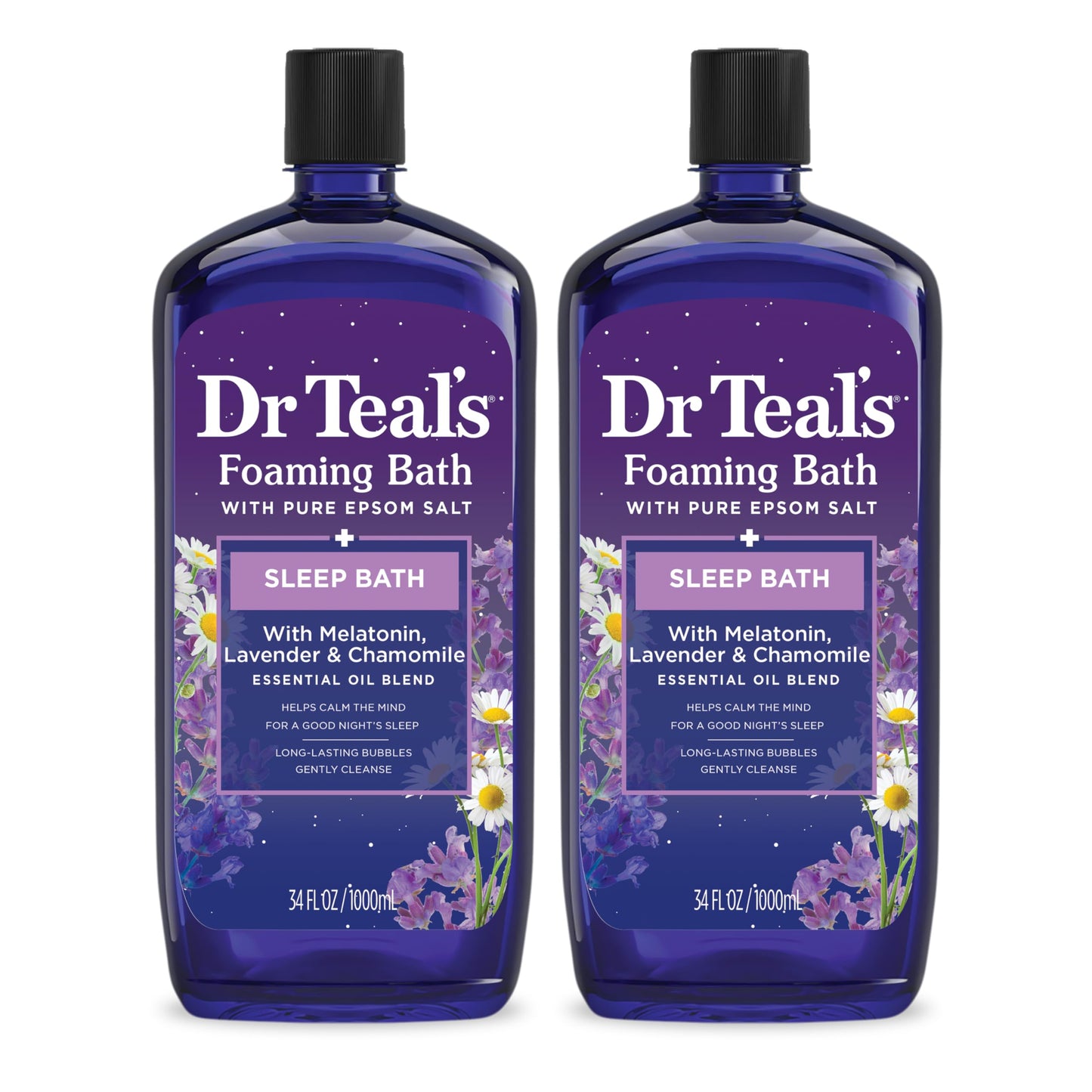 Dr Teal's Foaming Bath with Pure Epsom Salt, Sleep Blend with Melatonin, Lavender & Chamomile Essential Oils, 34 fl oz (Pack of 2) (Packaging May Vary)