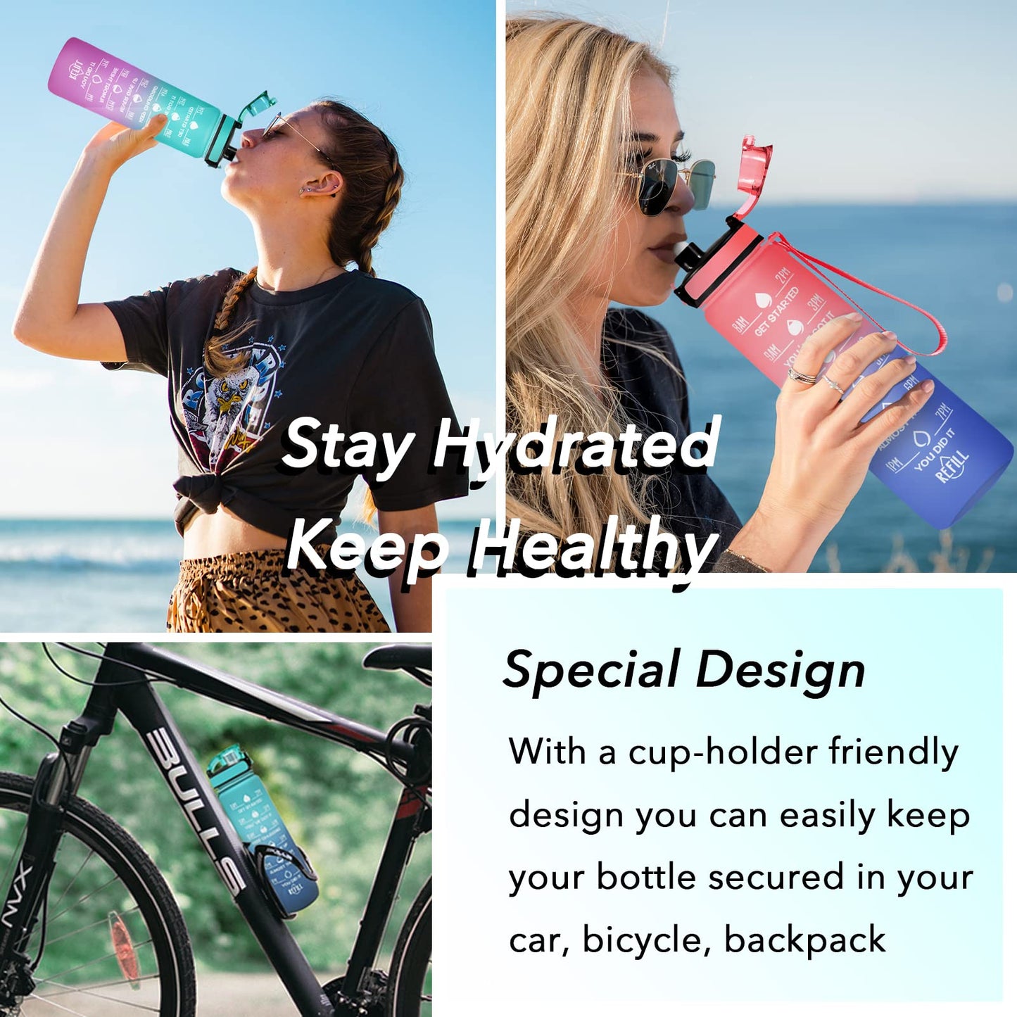 Enerbone 32 oz Water Bottle, Leakproof BPA & Toxic Free, Motivational Water Bottle with Times to Drink and Straw, Fitness Sports Water Bottle with Strap for Office, Gym, Outdoor Sports, Pink-Blue