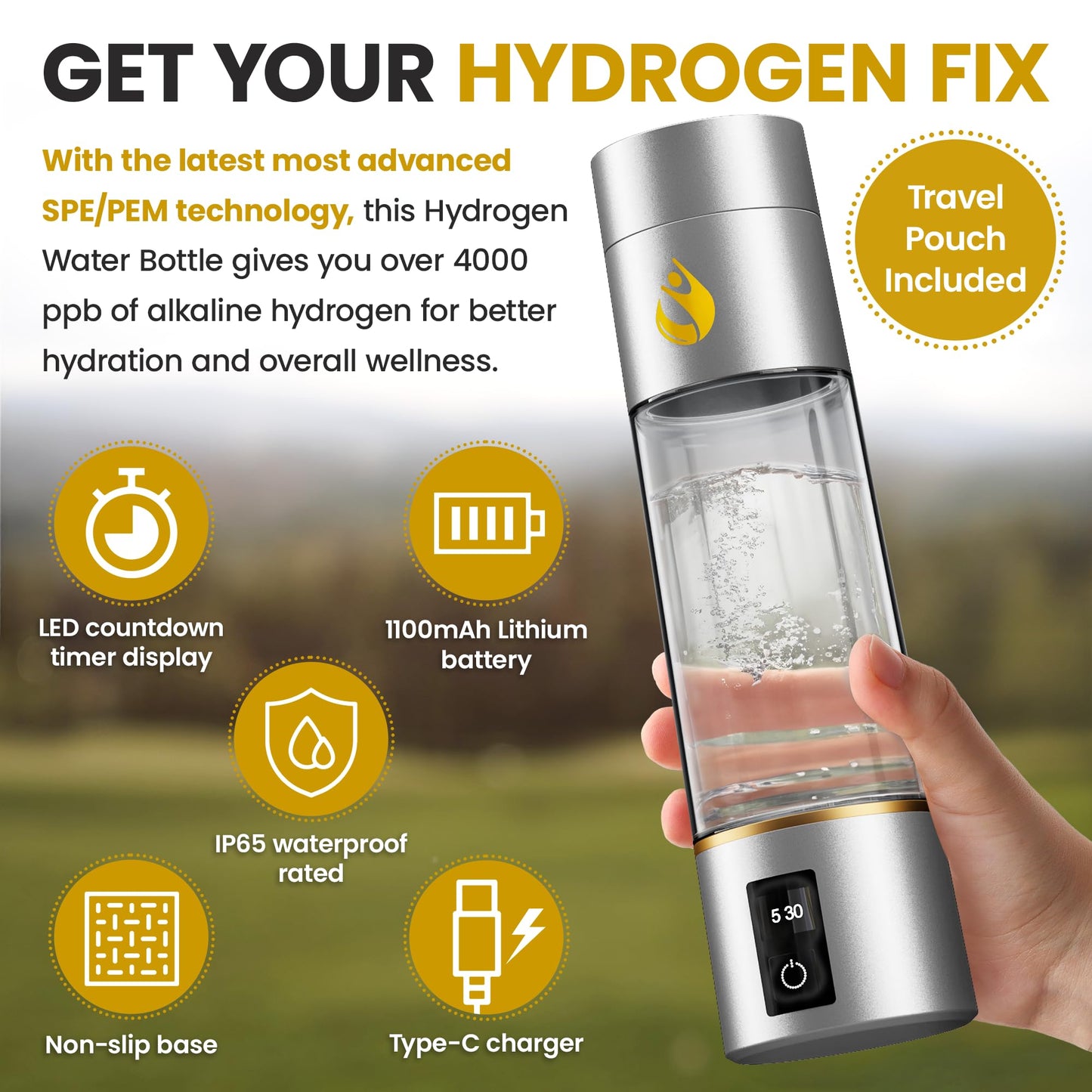 Epick Resources Hydrogen Water Bottle Generator – 4000+ ppb Alkaline Hydrogen Water Machine with 2025 SPE/PEM Technology – 270ml Ionizer for Home, Office & Travel