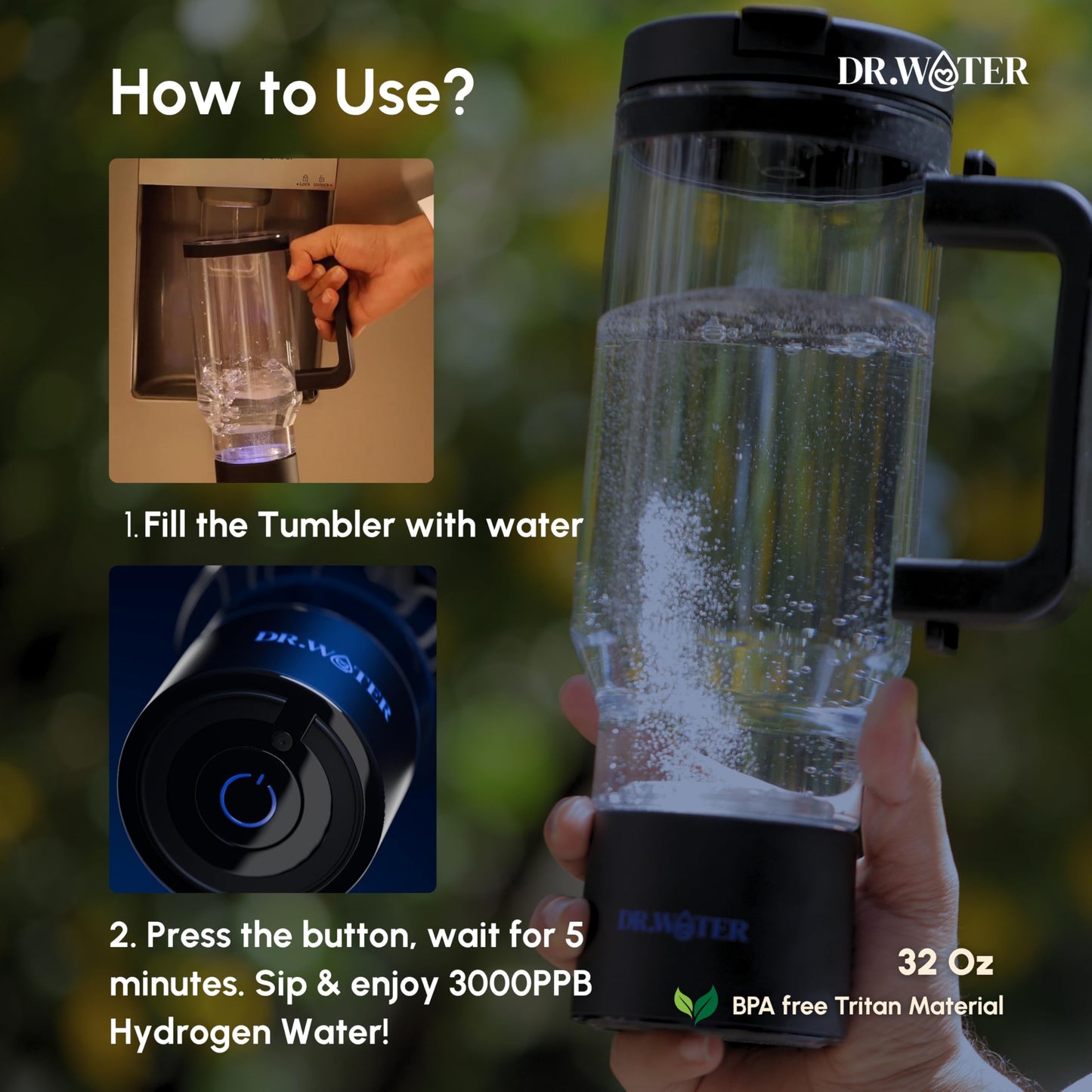 Dr.Water Hydrogen Water Bottle - 3X More Hydrogen Concentration - 32oz Hydrogen Water Bottle Generator - Portable Hydrogen Water Machine | Certified H2 Generator - HydroStanley Black