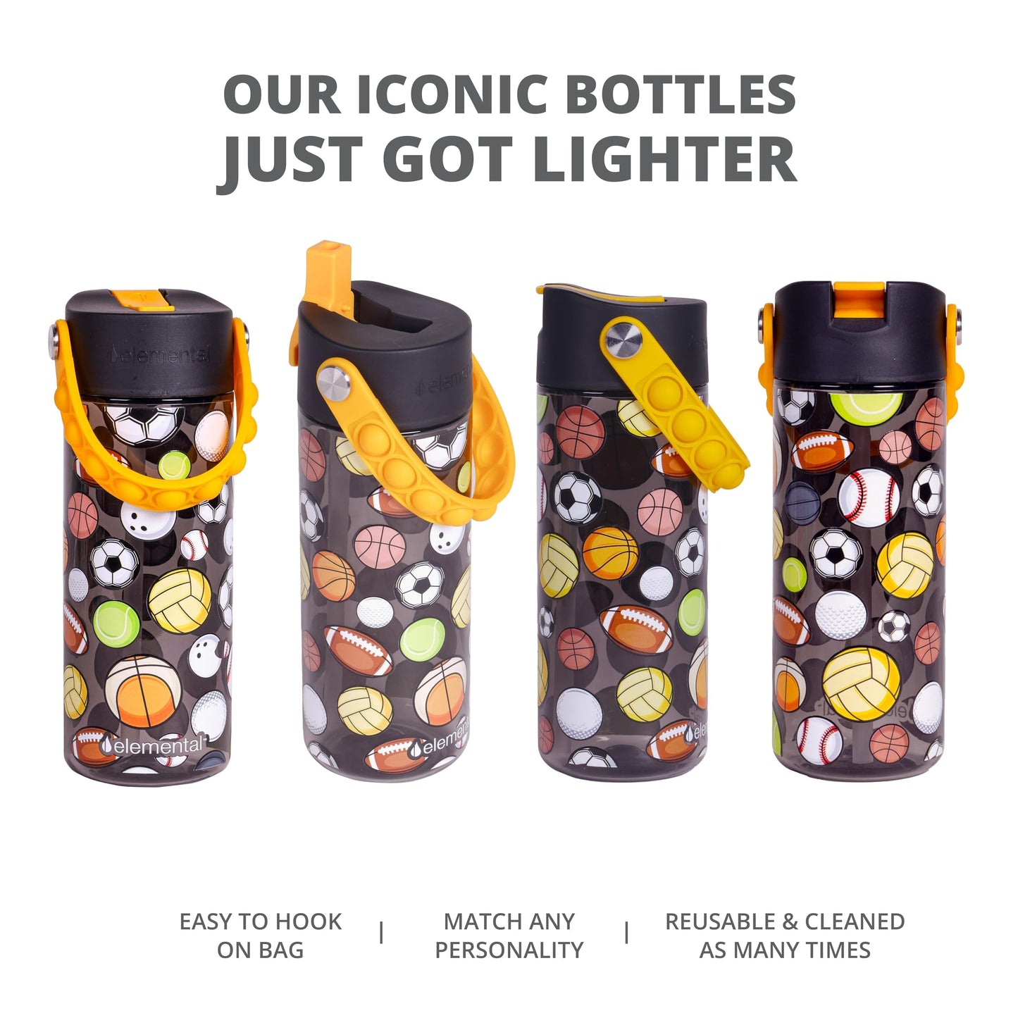 Elemental Leak Proof Water Bottles for Kids - Splash Kids Water Bottle for School with Fun Fidget Pop-it Handle - Tritan Plastic Water Bottle with Straw - Sports Ball & Construction - 18oz (2 Pack)