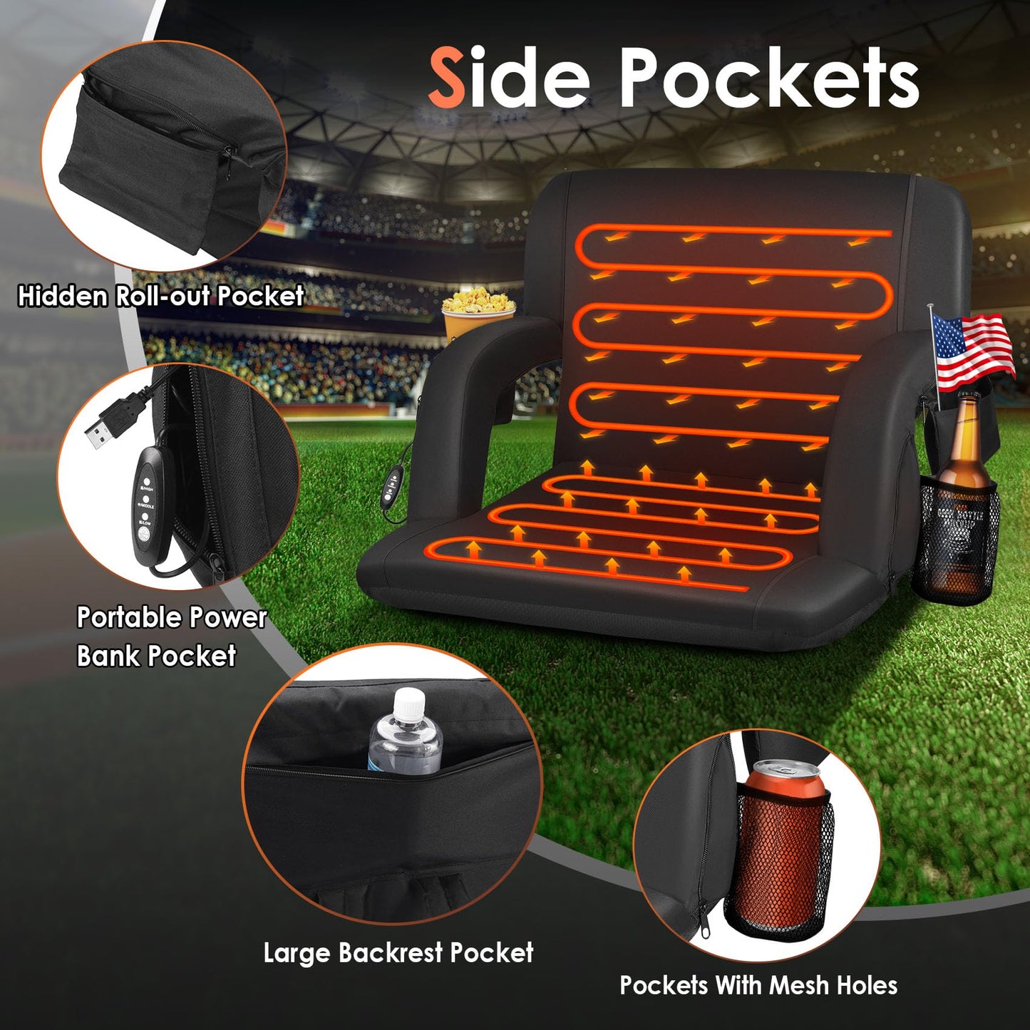 Double Heated Stadium Seats for Bleachers with Back Support 21" Wide Cushion, Extra Portable Bleacher Seat Foldable Stadium Chair, USB 3 Levels of Heat, 5 Pockets for Outdoor Camping Games Sports