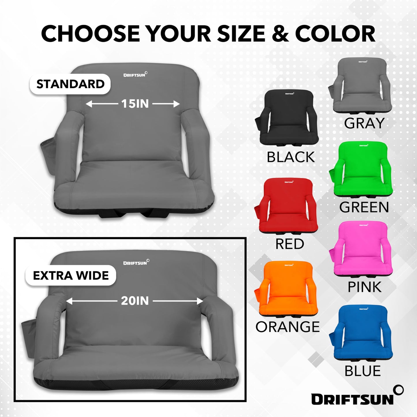 Driftsun 2 Pack Extra Wide Stadium Seats with Back Support - Deluxe Foldable Stadium Chairs for Bleachers - Folding Waterproof Sport Chair - Easy to Transport