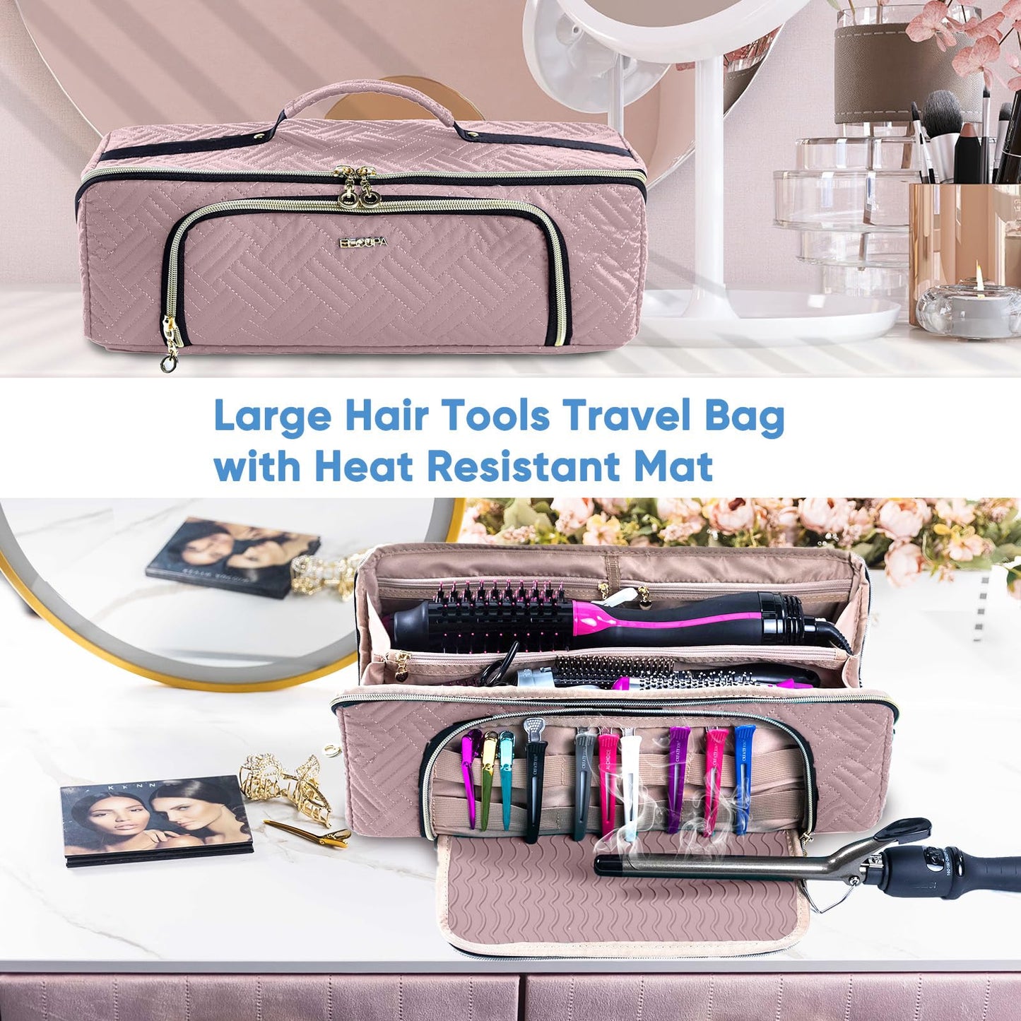 ELCUPA Large Hair Tools Travel Bag with Iron Mat - 2in1 Hair Tools Organizer for Hair Dryer Brush, Flat Irons, Straighteners, Curling Irons, Hair Bag, Makeup Bag, Cosmetic Bag for Travel Essentials