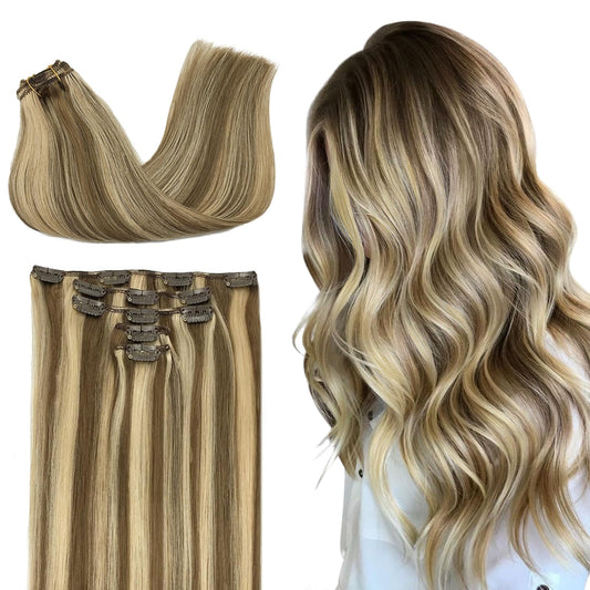 DOORES Hair Extensions Clip in Human Hair, 85g 5pcs Medium Brown Highlighted Golden Blonde Balayage 22 Inch Clip in Human Hair Extensions Real Natural Hair Extensions Straight