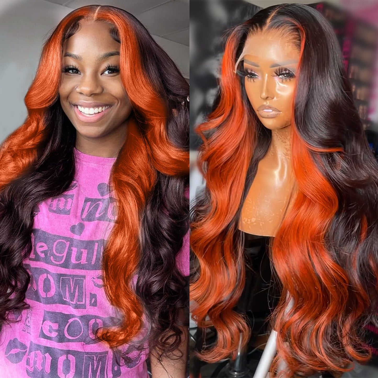 200% Density 13x6 Lace Front Wigs - Human Hair Pre-Plucked Ombre Ginger Orange - Glueless - 32Inch