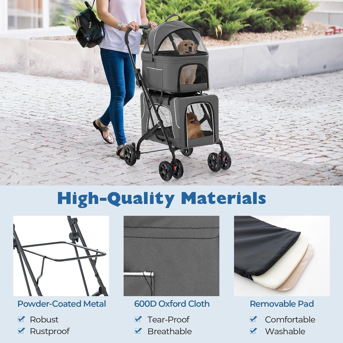 Double Dog Stroller, Foldable 3-in-1 Cat Strollers with 2 Detachable Carriers, Safety Belt, Washable Cover, Removable Pads, 4 Wheels Travel Pet Stroller for Small Medium Dogs(Grey)