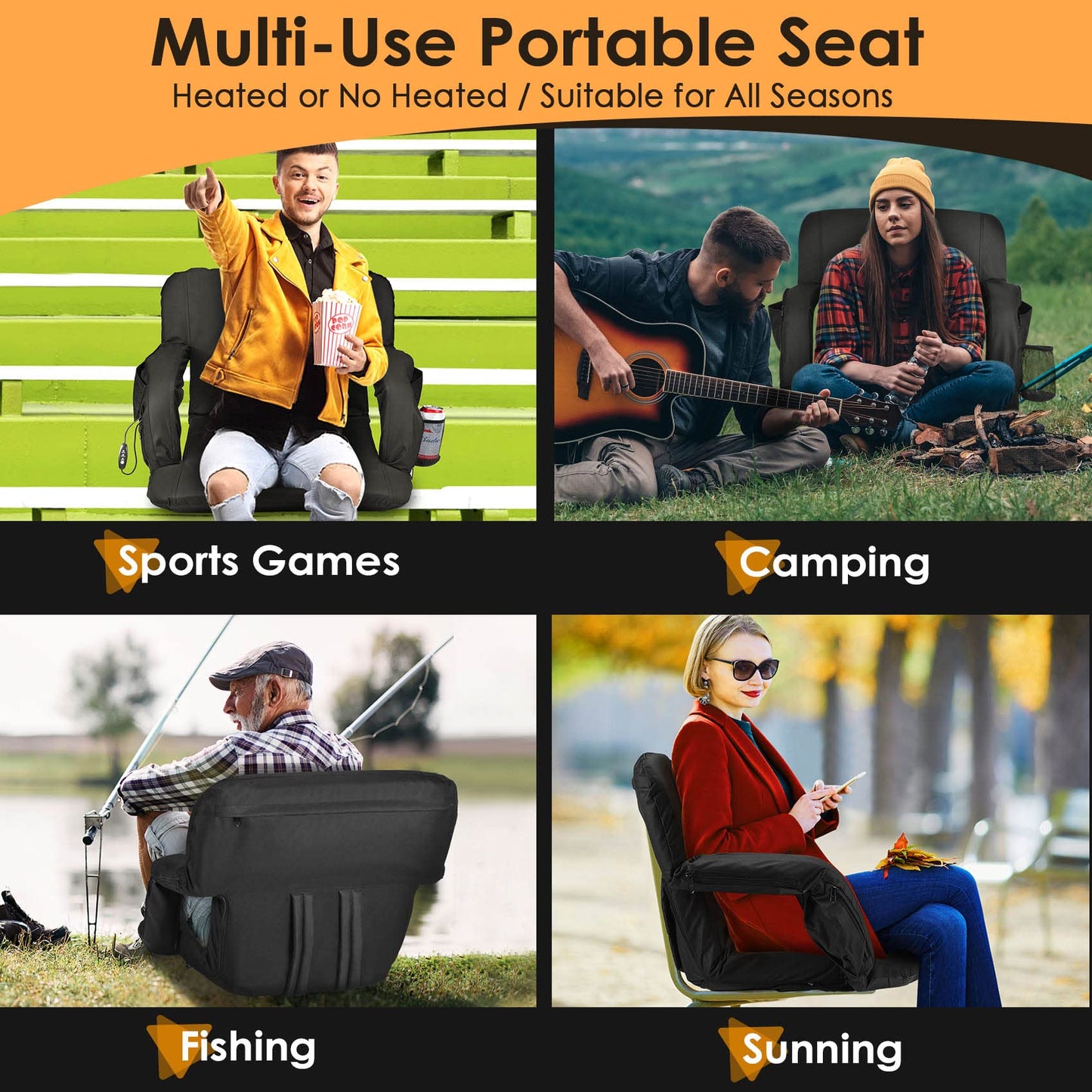 Double Heated Stadium Seats for Bleachers with Back Support 21" Wide Cushion, Extra Portable Bleacher Seat Foldable Stadium Chair, USB 3 Levels of Heat, 5 Pockets for Outdoor Camping Games Sports