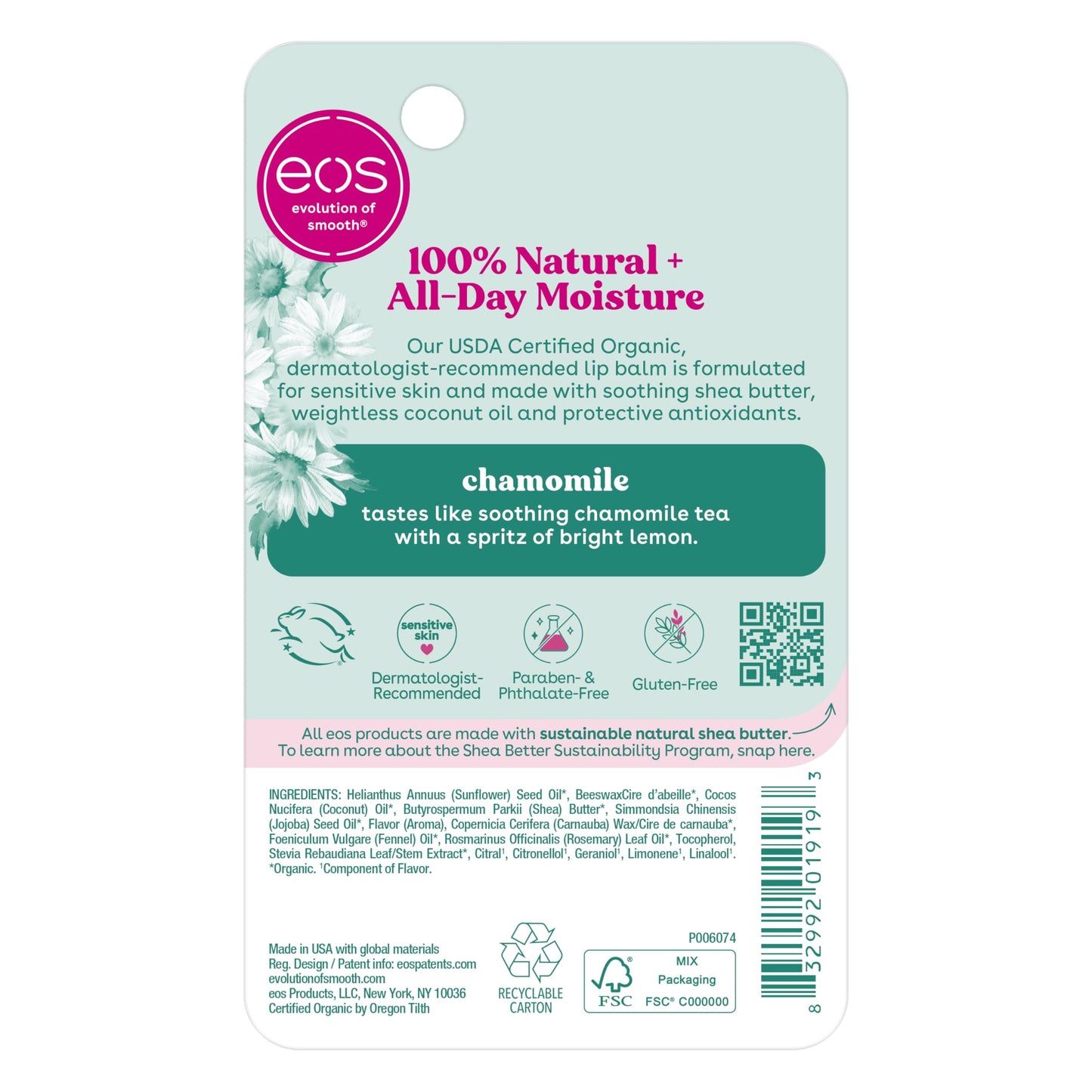 eos 100% Natural & Organic Lip Balm Stick- Chamomile, All-Day Moisture, Cruelty-Free, 0.14 oz